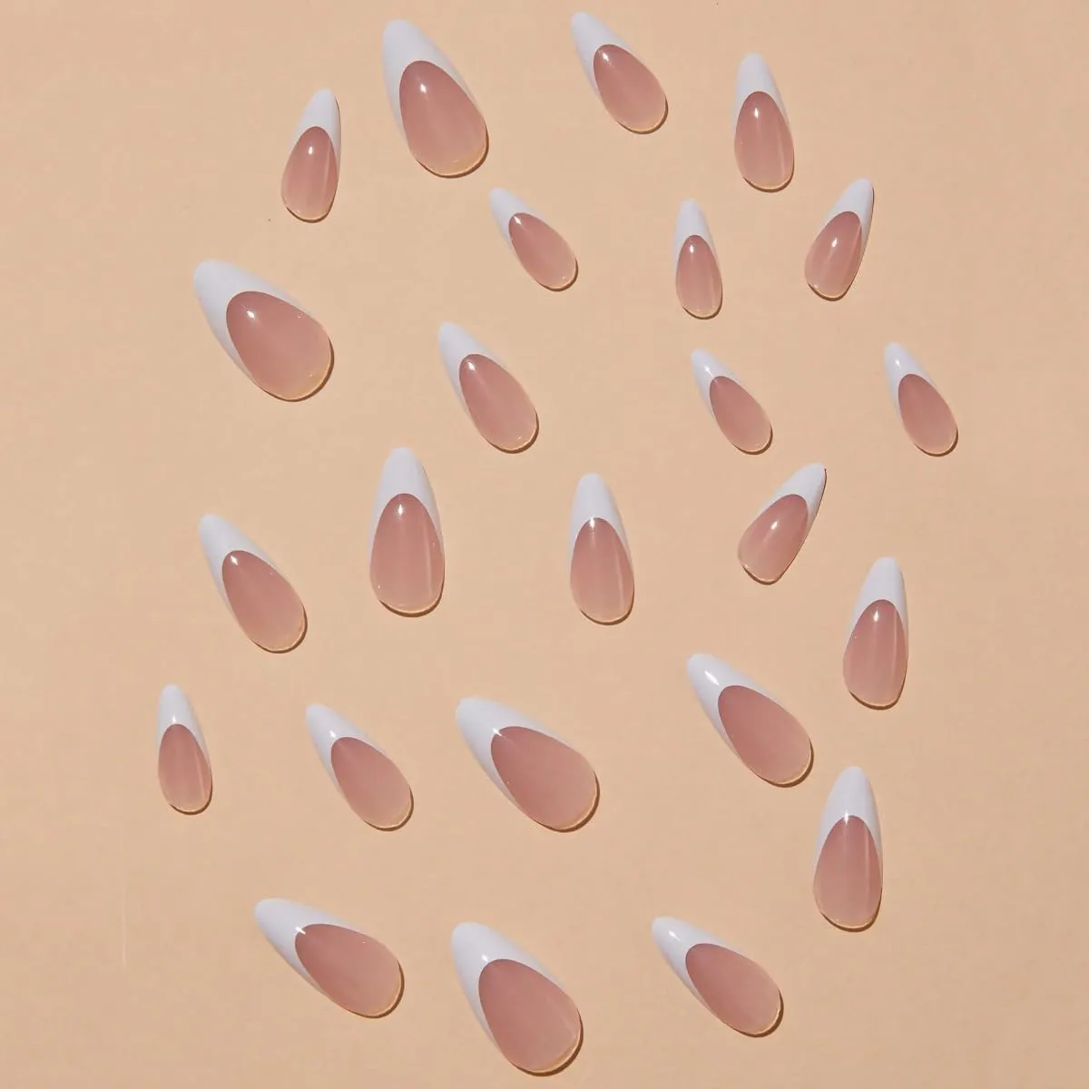 24Pcs French Tip Press on Nails, Medium Short Fake Nail Almond Tips Acrylics Full Cover White False Nail Stick on Nails Reusable Glossy Nude Acrylic Nail Art for Women Manicure Decoration