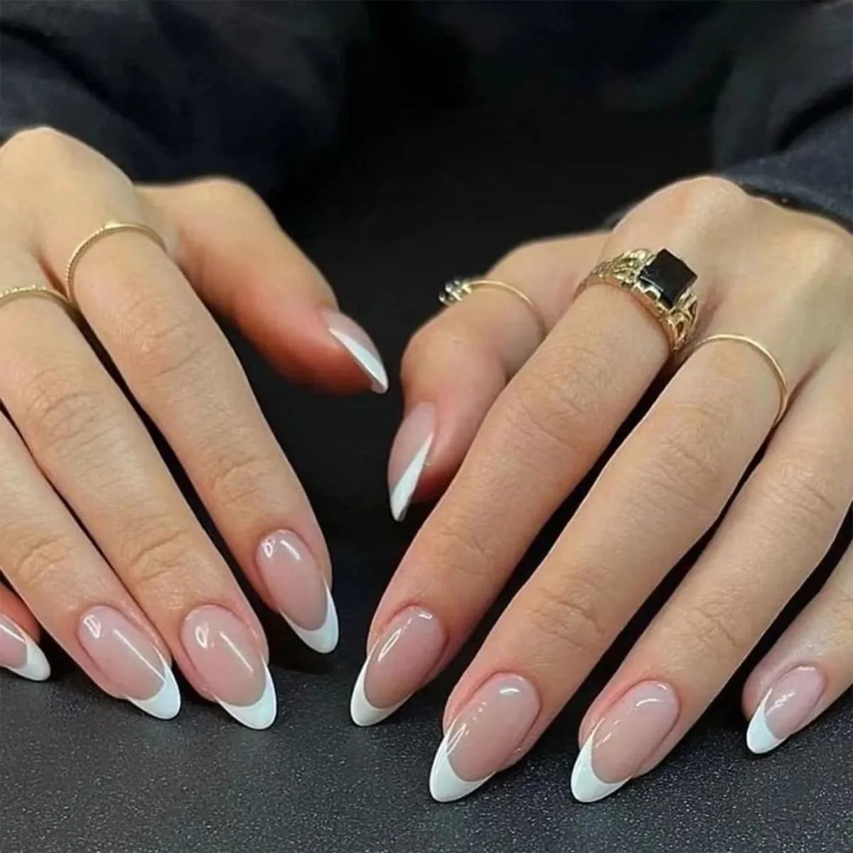 24Pcs French Tip Press on Nails, Medium Short Fake Nail Almond Tips Acrylics Full Cover White False Nail Stick on Nails Reusable Glossy Nude Acrylic Nail Art for Women Manicure Decoration