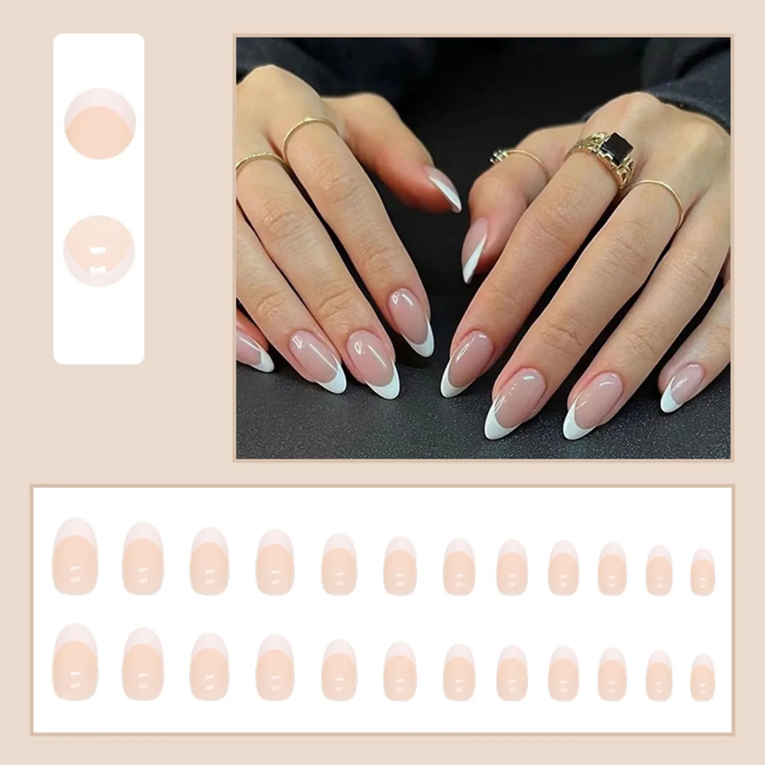 24Pcs French Tip Press on Nails, Medium Short Fake Nail Almond Tips Acrylics Full Cover White False Nail Stick on Nails Reusable Glossy Nude Acrylic Nail Art for Women Manicure Decoration