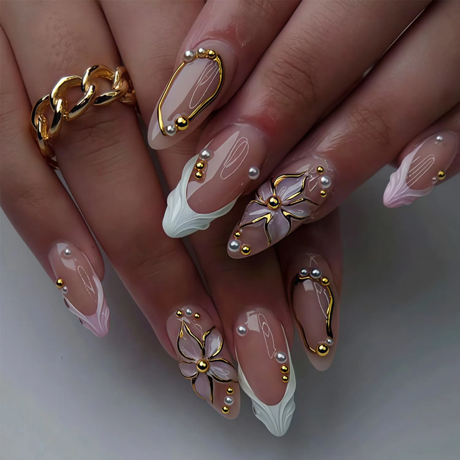 24Pcs Medium Almond Press on Nails, Nude Pink Fake Nails with 3D Flower Pearl & Gold Bead Designs, French tip False Nails with Glue Tabs -24Pcs Nail Kit for Women