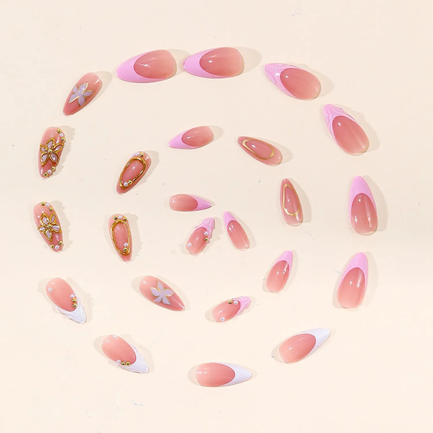 24Pcs Medium Almond Press on Nails, Nude Pink Fake Nails with 3D Flower Pearl & Gold Bead Designs, French tip False Nails with Glue Tabs -24Pcs Nail Kit for Women