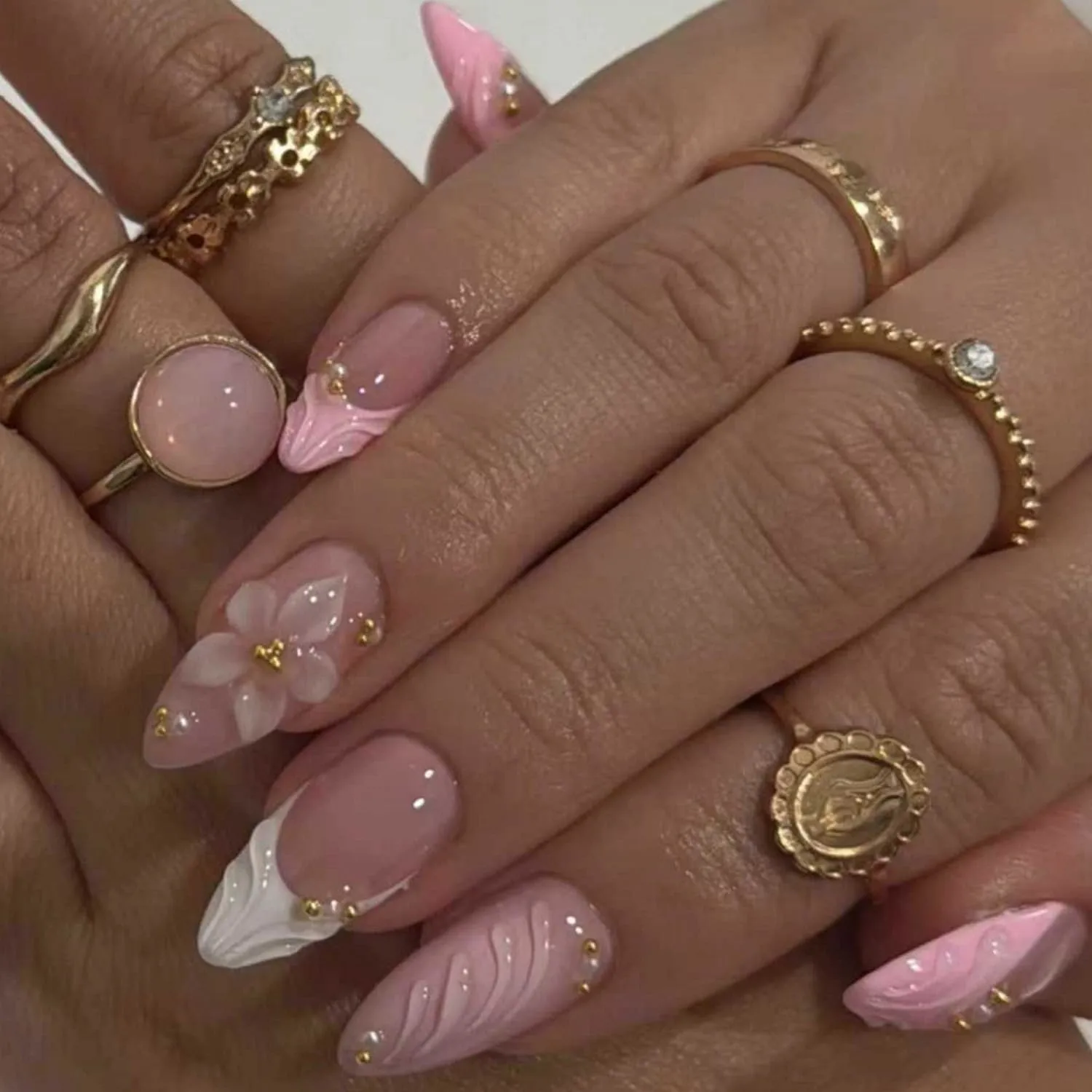 Almond Press On Nails Medium - Nude Pink Fake Nails with 3D Flower, White French Tips, Gold Beads and 3D Wave Design, Acrylic Stick On Nails for Daily & Party, 24Pcs Nail Kit