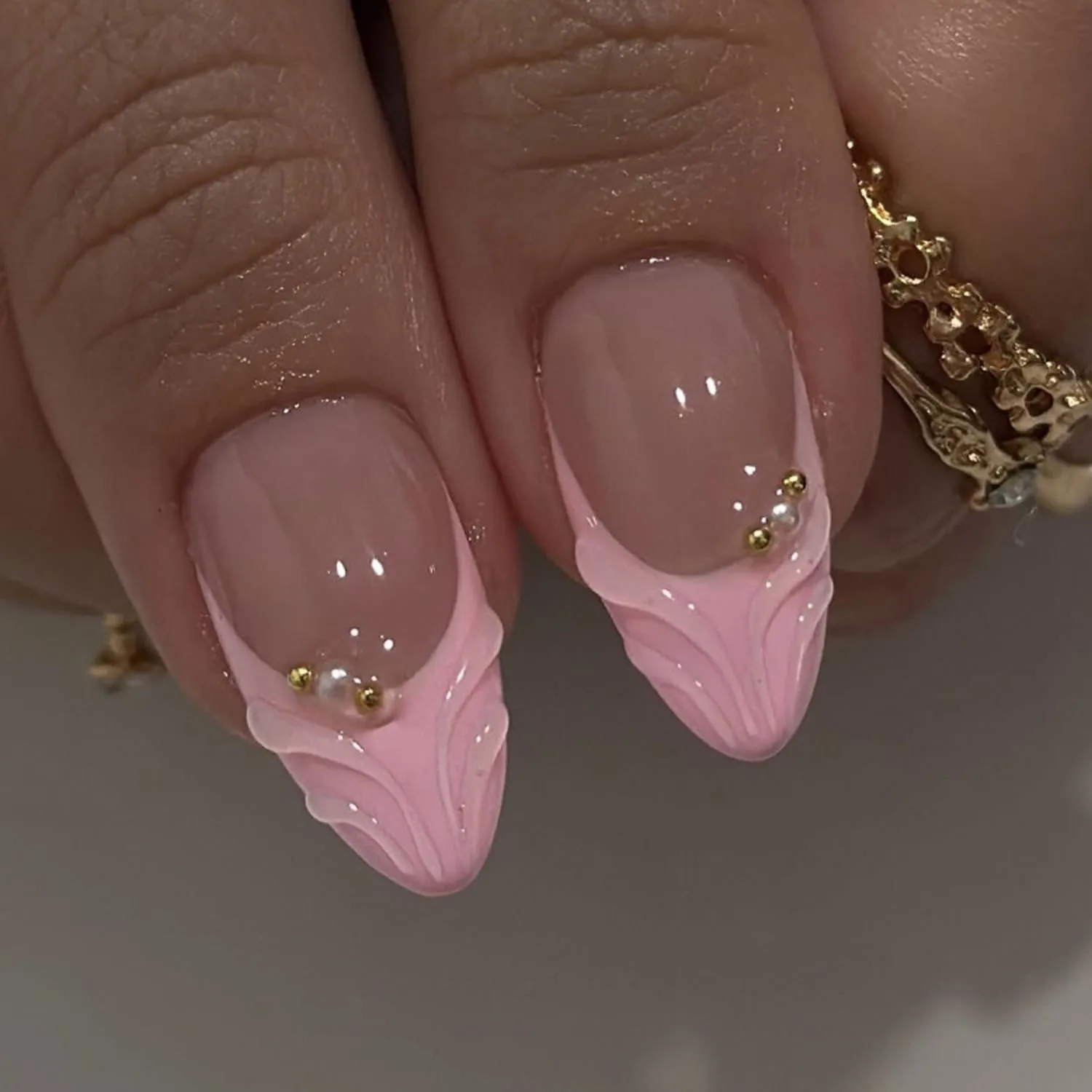 Almond Press On Nails Medium - Nude Pink Fake Nails with 3D Flower, White French Tips, Gold Beads and 3D Wave Design, Acrylic Stick On Nails for Daily & Party, 24Pcs Nail Kit