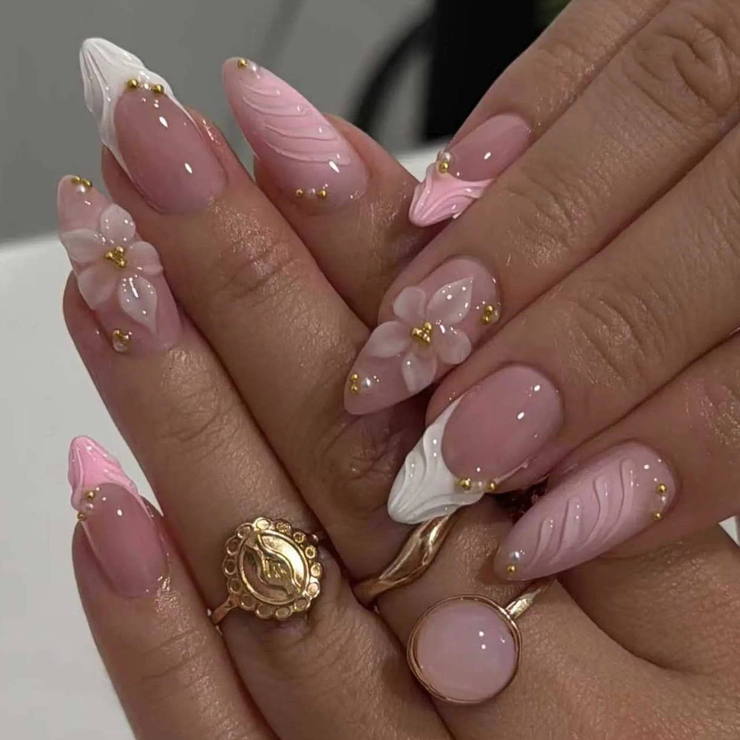 Almond Press On Nails Medium - Nude Pink Fake Nails with 3D Flower, White French Tips, Gold Beads and 3D Wave Design, Acrylic Stick On Nails for Daily & Party, 24Pcs Nail Kit