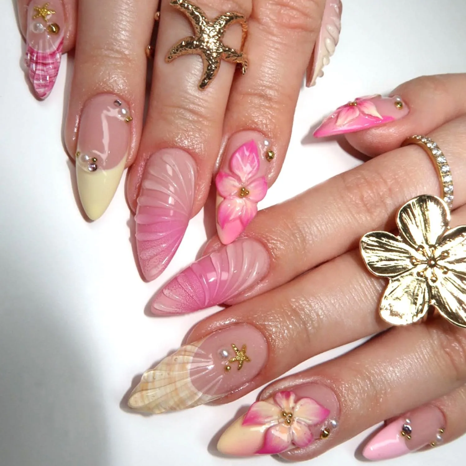 Ocean Theme Press On Nails - Almond Nude Fake Nails with 3D Pink Flower, Shell, Wave & Gold Star Rhinestone Designs, Reusable False Nails with Adhesive Glue Tabs - for Women, 24Pcs