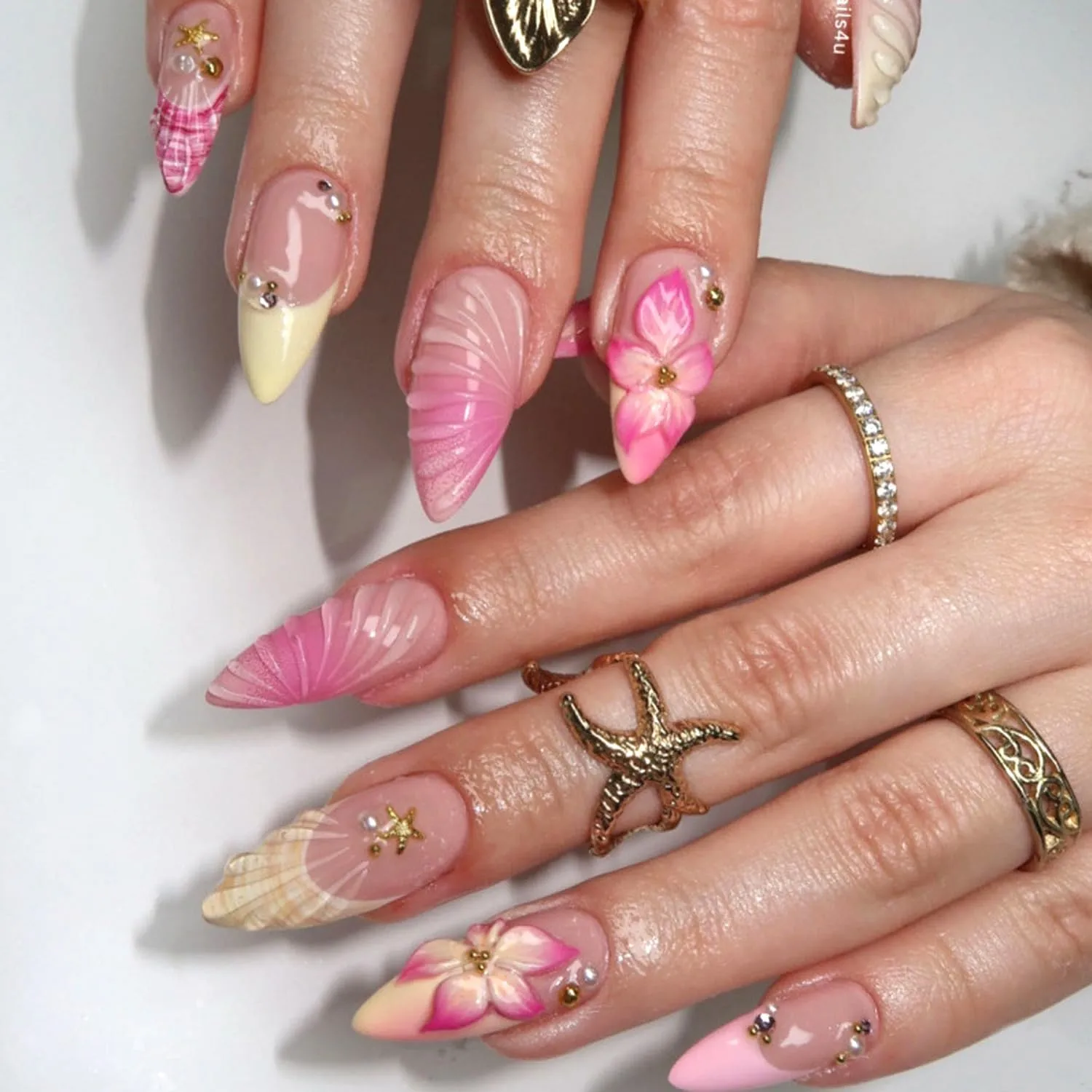 Ocean Theme Press On Nails - Almond Nude Fake Nails with 3D Pink Flower, Shell, Wave & Gold Star Rhinestone Designs, Reusable False Nails with Adhesive Glue Tabs - for Women, 24Pcs