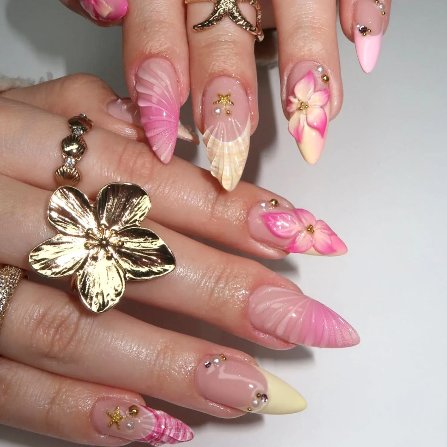 Ocean Theme Press On Nails - Almond Nude Fake Nails with 3D Pink Flower, Shell, Wave & Gold Star Rhinestone Designs, Reusable False Nails with Adhesive Glue Tabs - for Women, 24Pcs