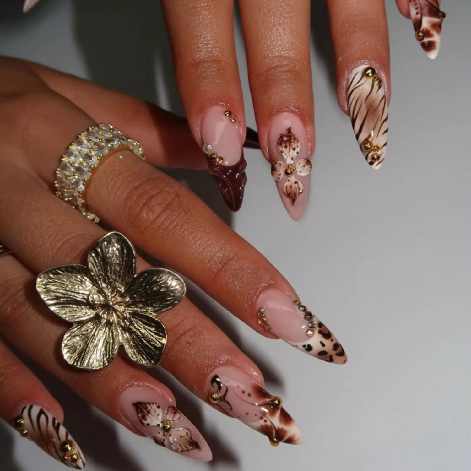 Medium Almond Press On Nails- Nude Brown Fake Nails with Leopard & Zebra Print Pattern, Brown French Tip Acrylic Nails with Gold Rhinestones Charms Designs, Glossy Stick On Nails or Women, 24Pcs