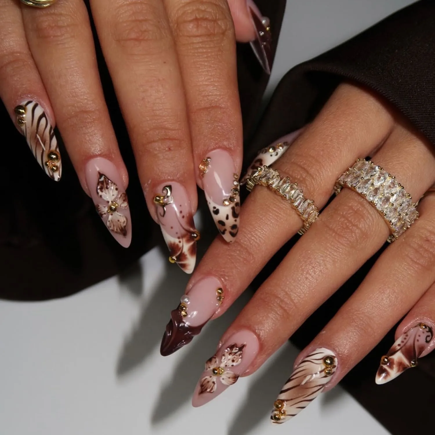 Medium Almond Press On Nails- Nude Brown Fake Nails with Leopard & Zebra Print Pattern, Brown French Tip Acrylic Nails with Gold Rhinestones Charms Designs, Glossy Stick On Nails or Women, 24Pcs