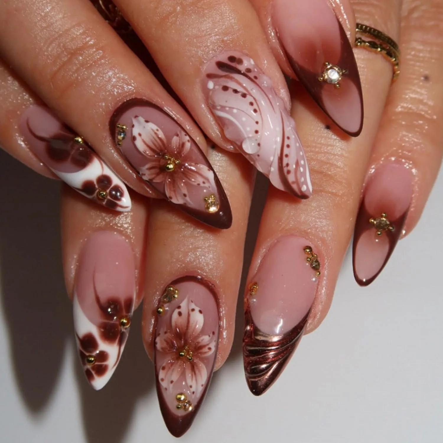 French Tip Press On Nails Medium Almond - Nude Brown Fake Nails with Embossed Flower&Gold Bead Designs,Rhinestone Acrylic Nails with Glue Tabs for Women, 24Pcs Floral Print Nail Kit Reusable