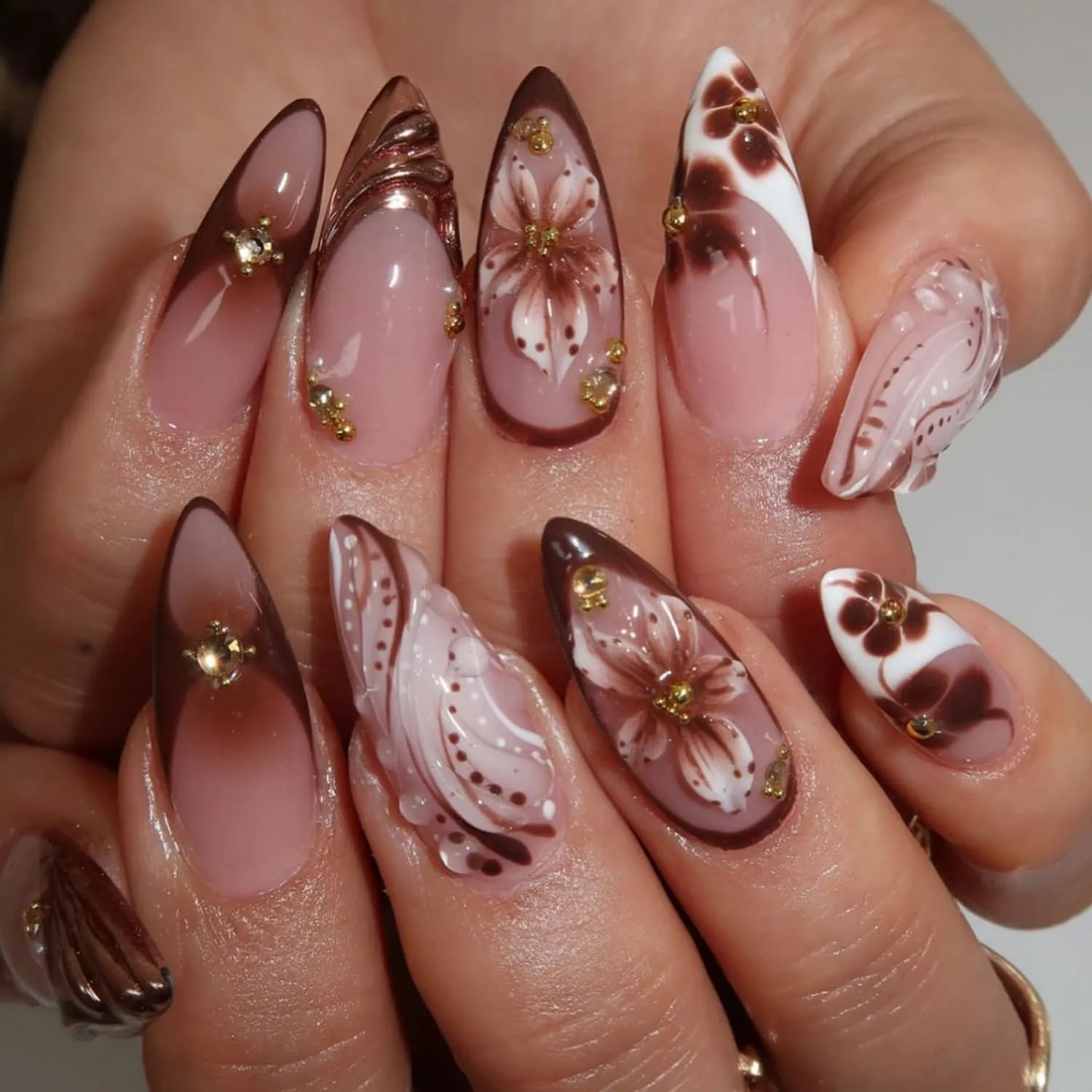 French Tip Press On Nails Medium Almond - Nude Brown Fake Nails with Embossed Flower&Gold Bead Designs,Rhinestone Acrylic Nails with Glue Tabs for Women, 24Pcs Floral Print Nail Kit Reusable