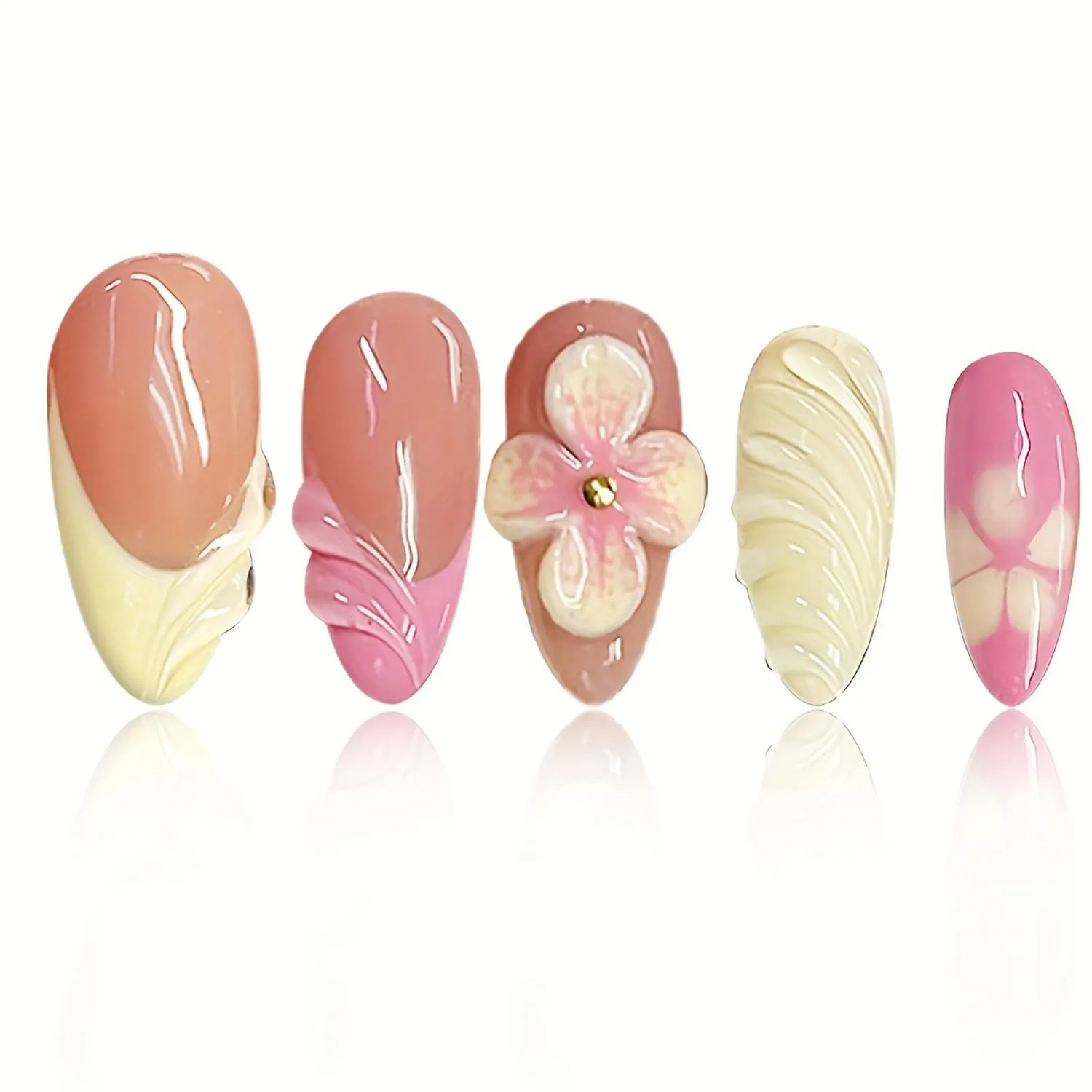 Flower Press On Nails Almond - Pink Fake Nails with 3D Floral & Cream Design, Nude Acrylic Nails for Women, Glossy Finish Reusable False Nails with Glue Tabs Medium French Tip Nail Kit 24Pcs