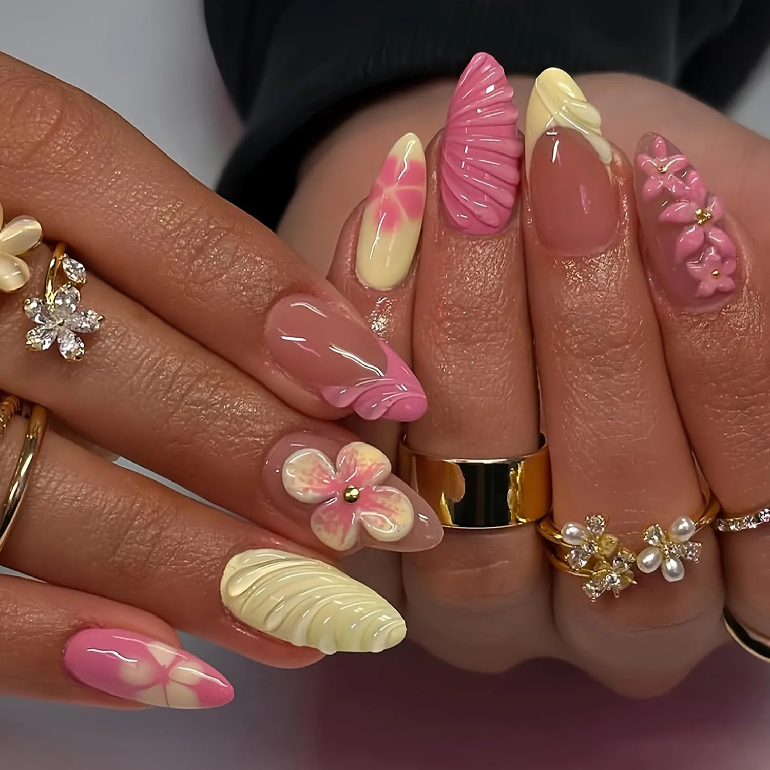 Flower Press On Nails Almond - Pink Fake Nails with 3D Floral & Cream Design, Nude Acrylic Nails for Women, Glossy Finish Reusable False Nails with Glue Tabs Medium French Tip Nail Kit 24Pcs