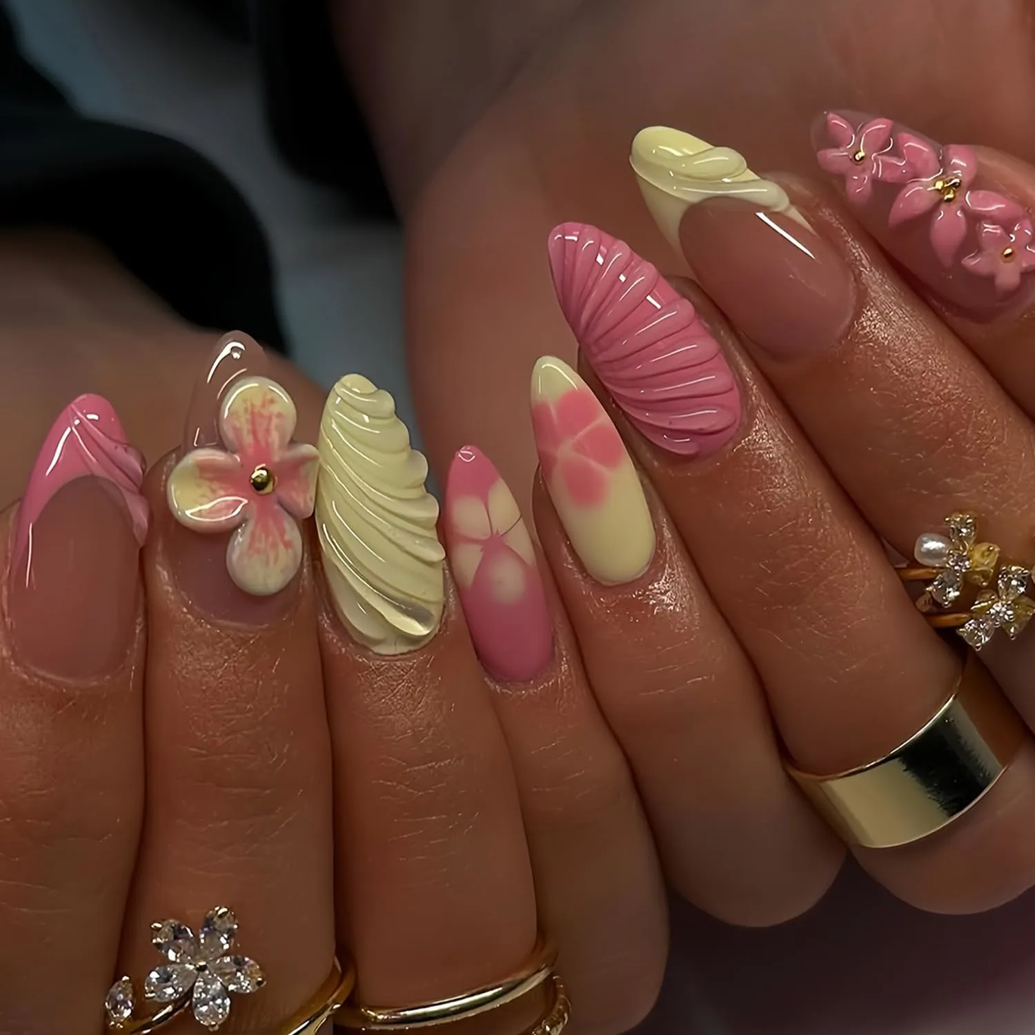 Flower Press On Nails Almond - Pink Fake Nails with 3D Floral & Cream Design, Nude Acrylic Nails for Women, Glossy Finish Reusable False Nails with Glue Tabs Medium French Tip Nail Kit 24Pcs