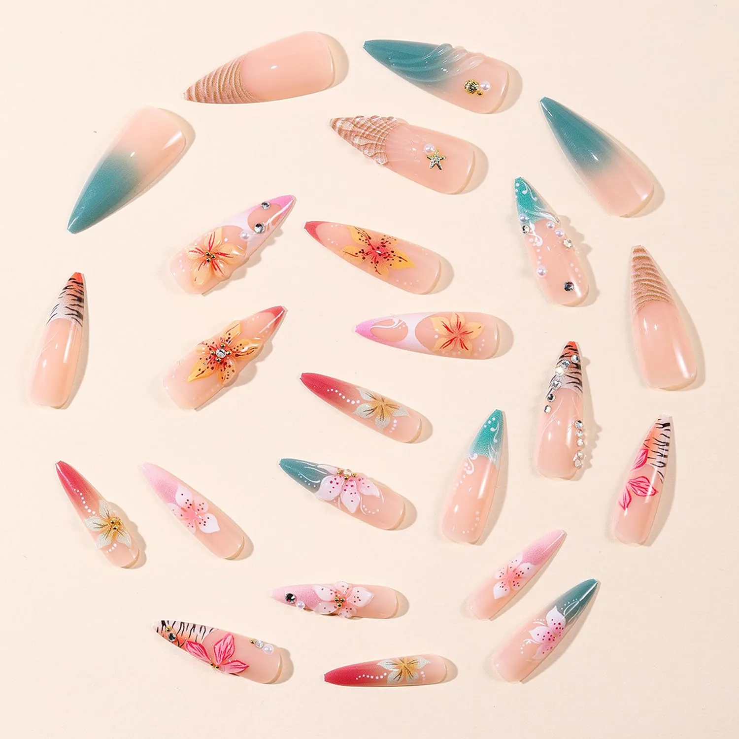 24Pcs 3D Flower Press on Nails, Almond Medium Fake Nails with Rhinestone & Pearl Designs,Nude Pink Gradient False Nails with Glue Tabs & Nail File, Full Cover Acrylic Stick on Nails for Women Manicure