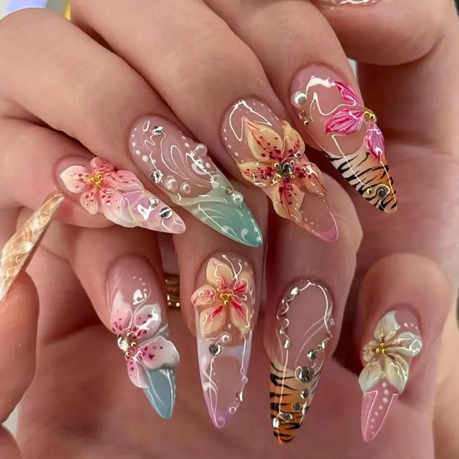 24Pcs 3D Flower Press on Nails, Almond Medium Fake Nails with Rhinestone & Pearl Designs,Nude Pink Gradient False Nails with Glue Tabs & Nail File, Full Cover Acrylic Stick on Nails for Women Manicure