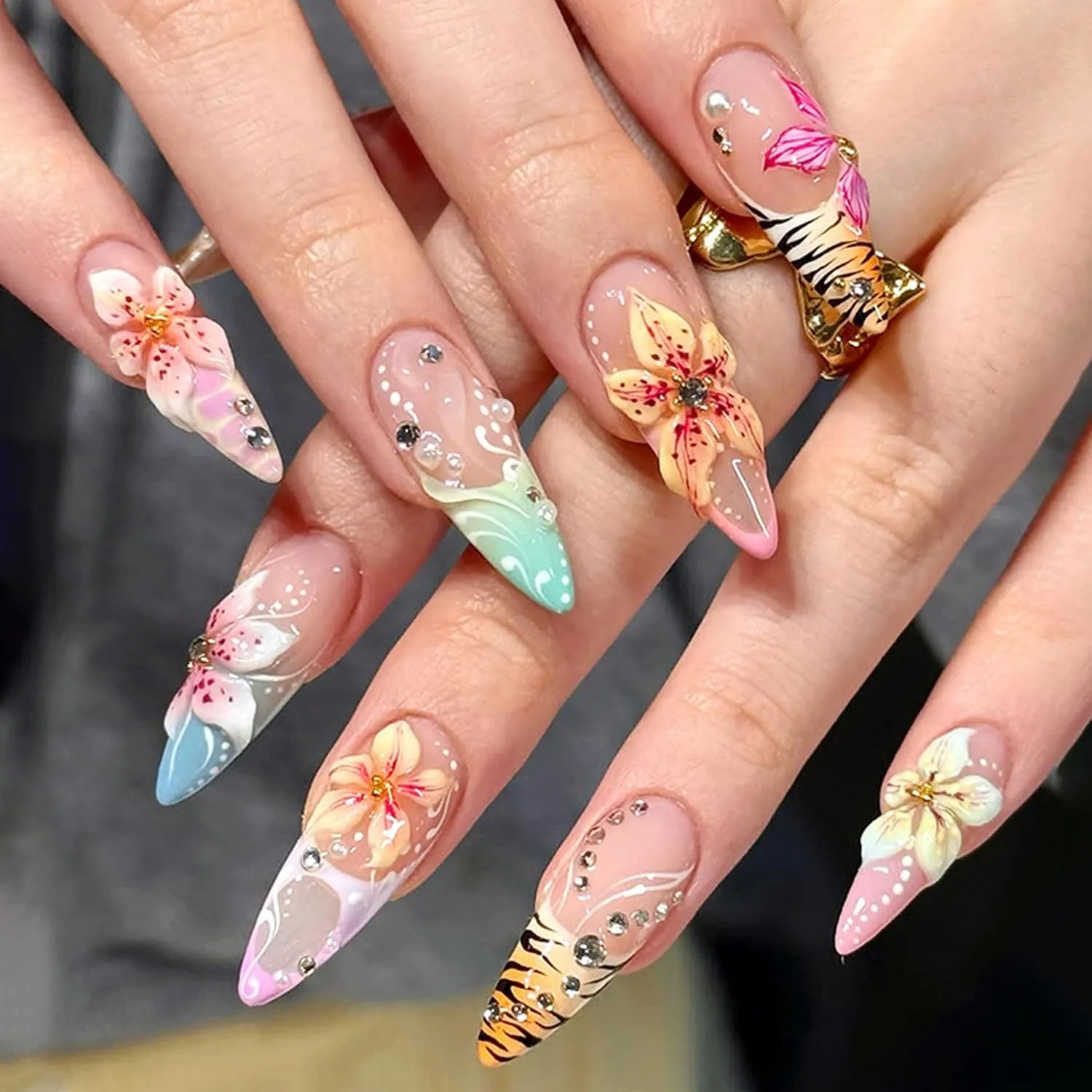 24Pcs 3D Flower Press on Nails, Almond Medium Fake Nails with Rhinestone & Pearl Designs,Nude Pink Gradient False Nails with Glue Tabs & Nail File, Full Cover Acrylic Stick on Nails for Women Manicure