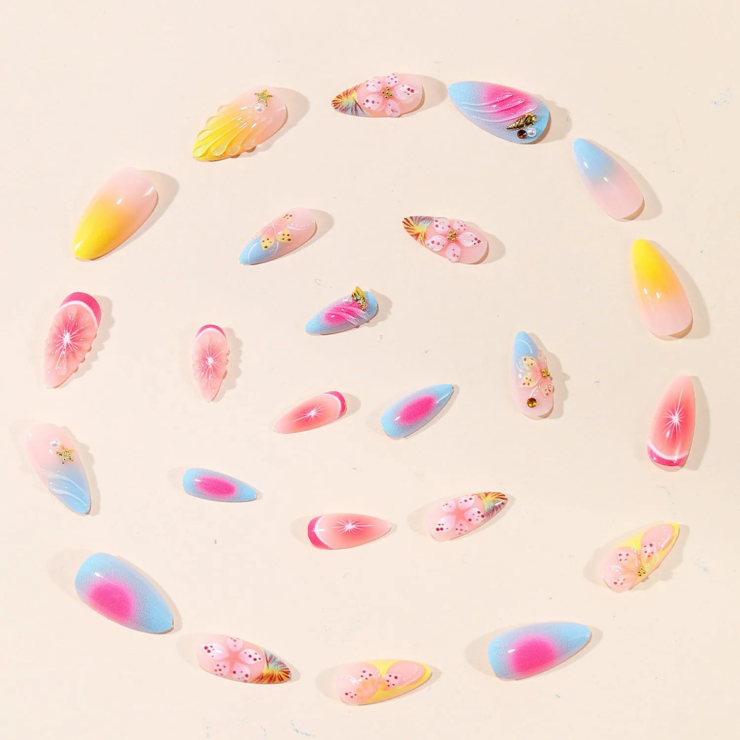 Flower Medium Almond Press on Nails, 3D Floral & Star Design Fake Nails,Pastel Gradient Acrylic False Nails Embossed Flower&Gold Bead with Nail Adhesive Tabs & File,24Pcs for Women Nude Pink Manicure