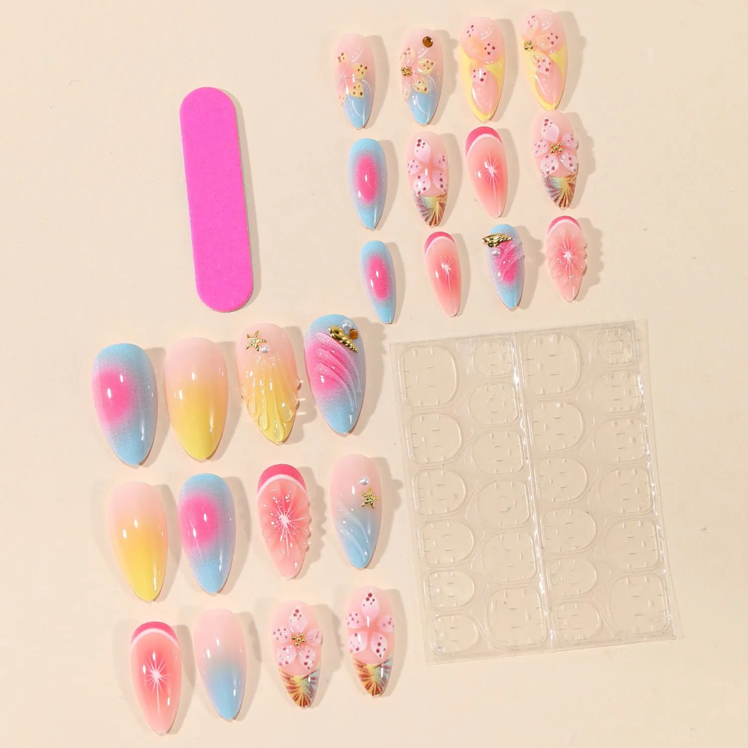 Flower Medium Almond Press on Nails, 3D Floral & Star Design Fake Nails,Pastel Gradient Acrylic False Nails Embossed Flower&Gold Bead with Nail Adhesive Tabs & File,24Pcs for Women Nude Pink Manicure