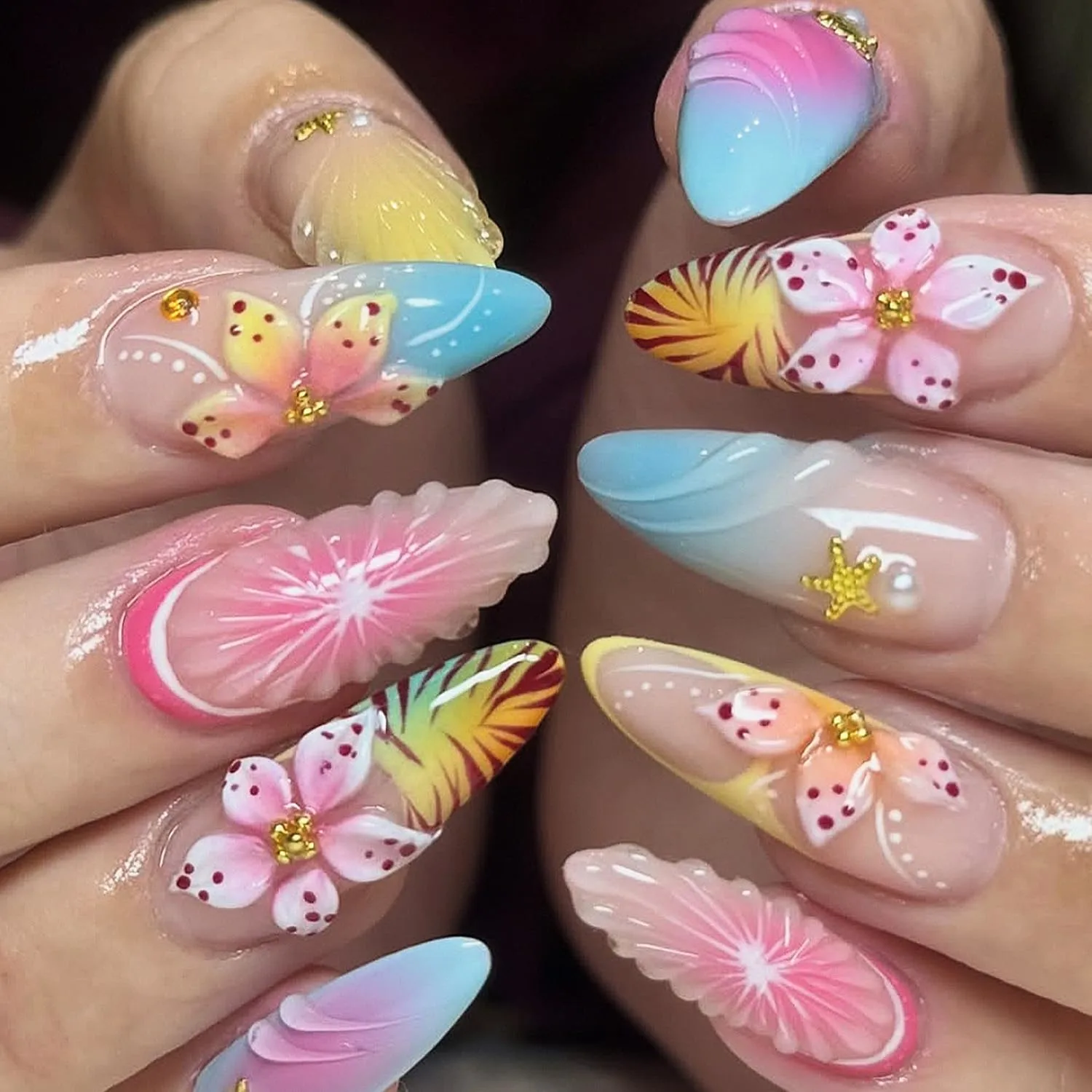 Flower Medium Almond Press on Nails, 3D Floral & Star Design Fake Nails,Pastel Gradient Acrylic False Nails Embossed Flower&Gold Bead with Nail Adhesive Tabs & File,24Pcs for Women Nude Pink Manicure