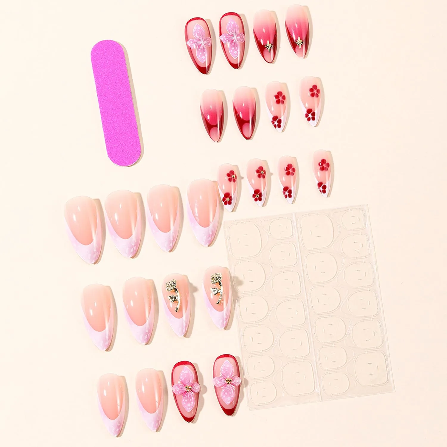 24Pcs French Tip Press on Nails Medium Almond, Pink Red Fake Nails 3D Flower with Rhinestone & Gold Bead Designs, Golden Rose Acrylic False Nails with Glue Tabs & Nail File for Women