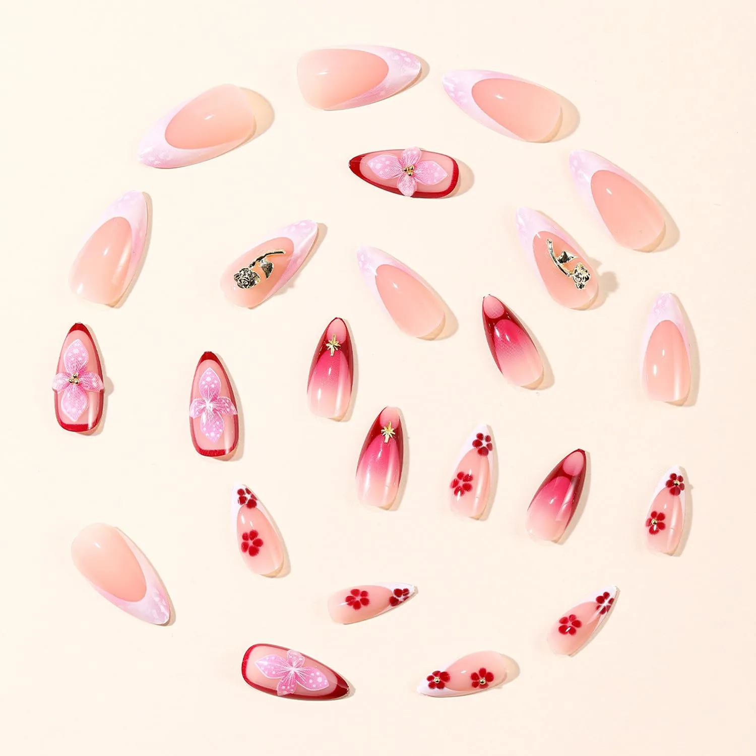 24Pcs French Tip Press on Nails Medium Almond, Pink Red Fake Nails 3D Flower with Rhinestone & Gold Bead Designs, Golden Rose Acrylic False Nails with Glue Tabs & Nail File for Women