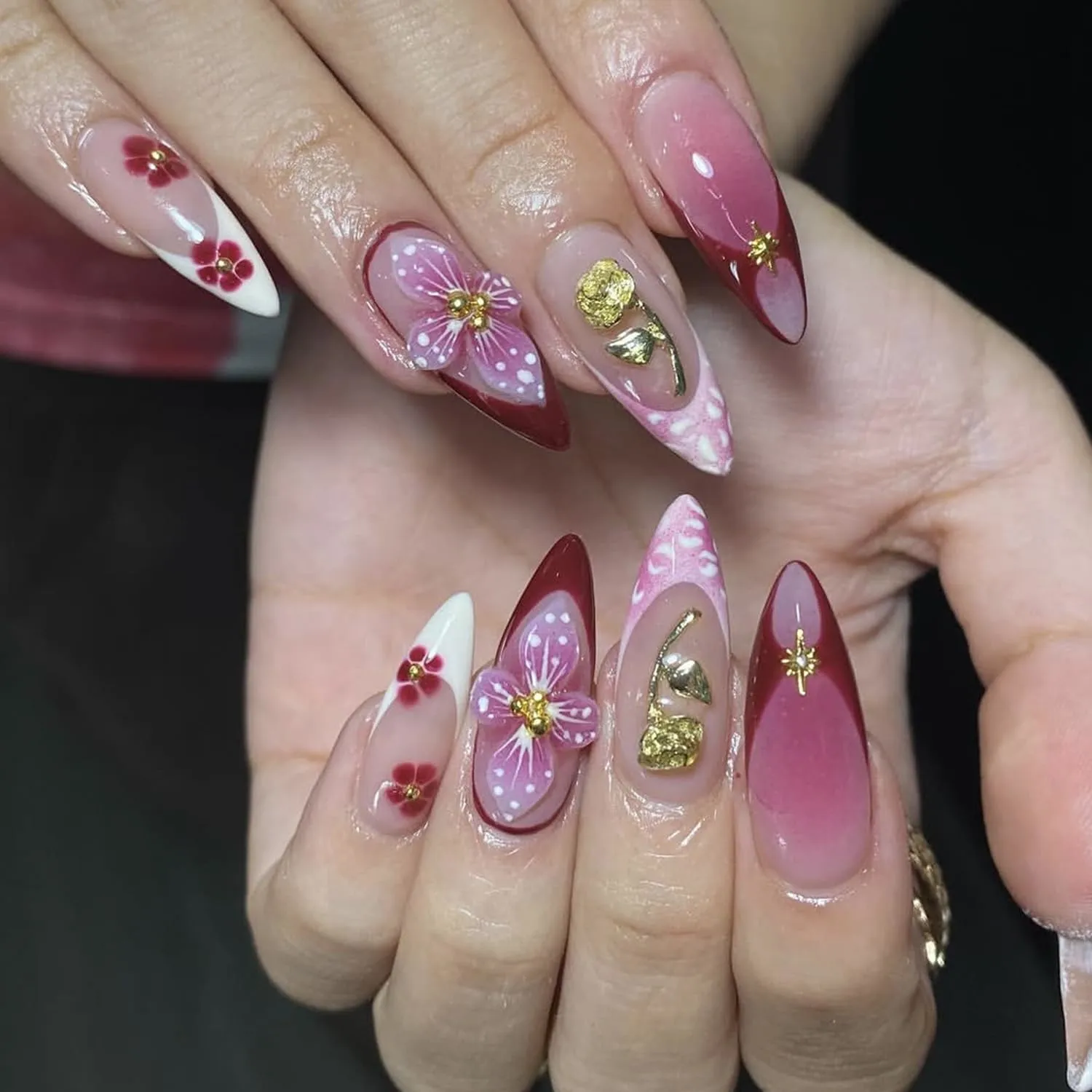 24Pcs French Tip Press on Nails Medium Almond, Pink Red Fake Nails 3D Flower with Rhinestone & Gold Bead Designs, Golden Rose Acrylic False Nails with Glue Tabs & Nail File for Women