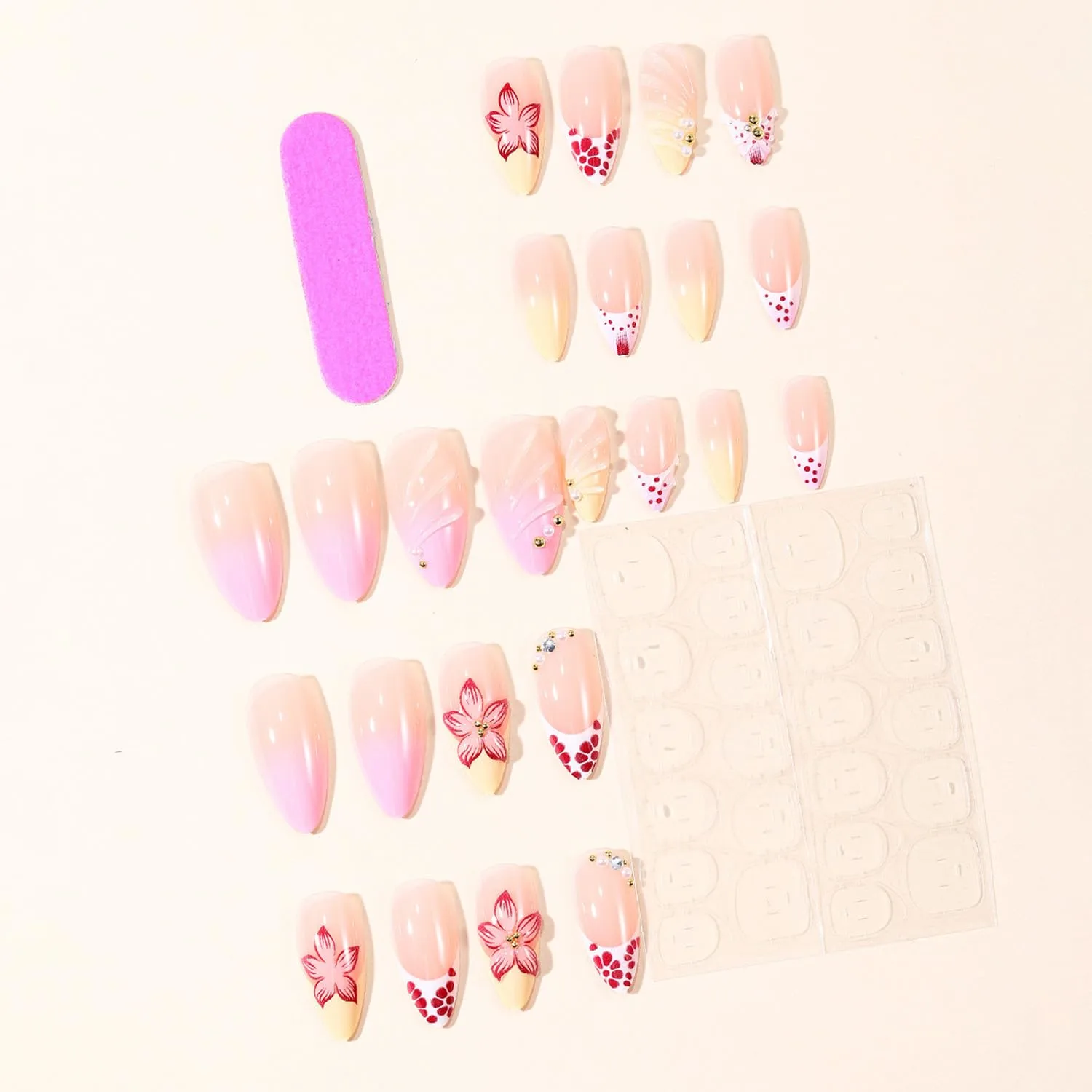 3D Flower Press on Nails Medium Almond,Pink Nude Gradient Fake Nails with Red Floral & Pearl Designs,Glossy Finish Reusable False Nails with Nail Glue Stickers & File 24Pcs Nail Kit for Women Manicure