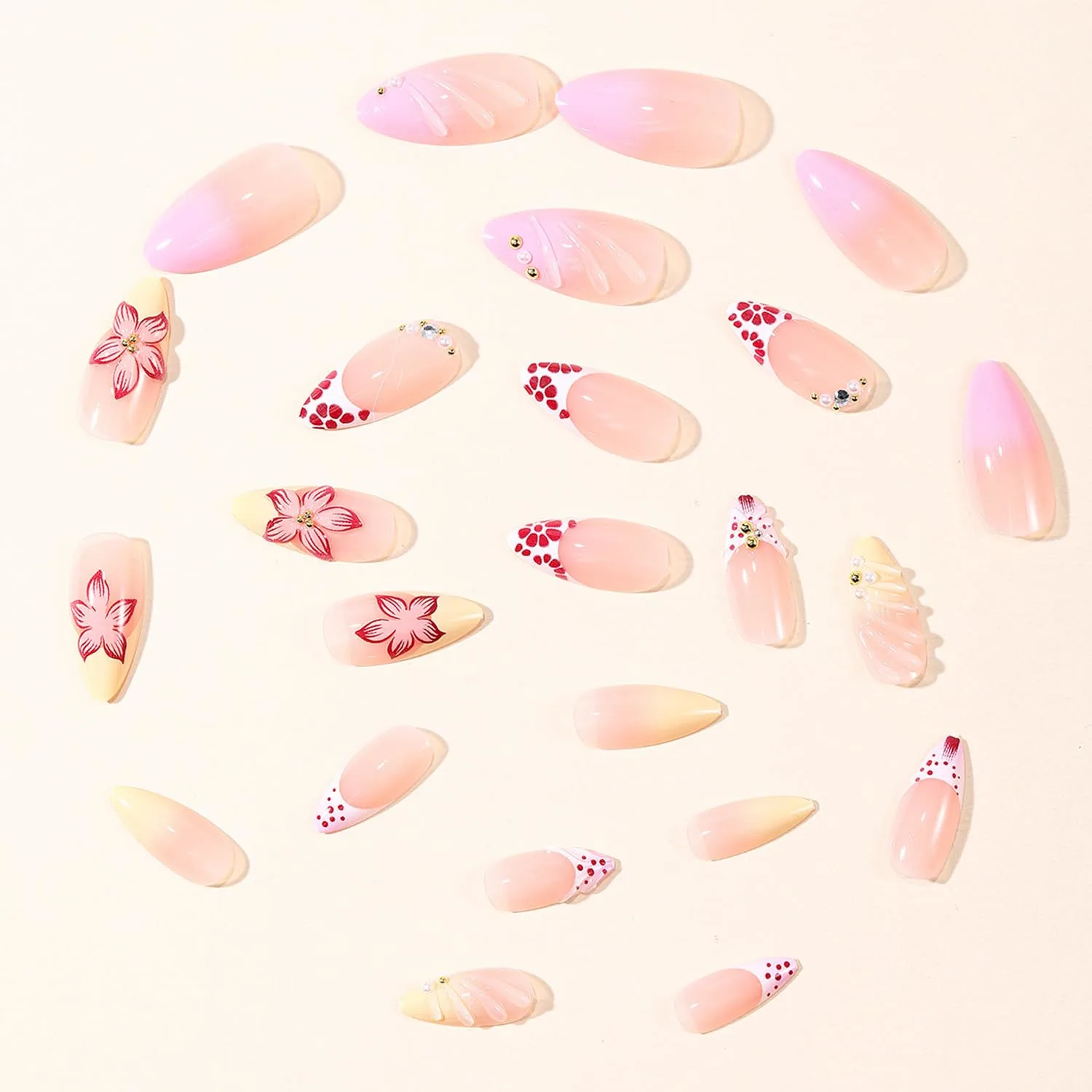 3D Flower Press on Nails Medium Almond,Pink Nude Gradient Fake Nails with Red Floral & Pearl Designs,Glossy Finish Reusable False Nails with Nail Glue Stickers & File 24Pcs Nail Kit for Women Manicure