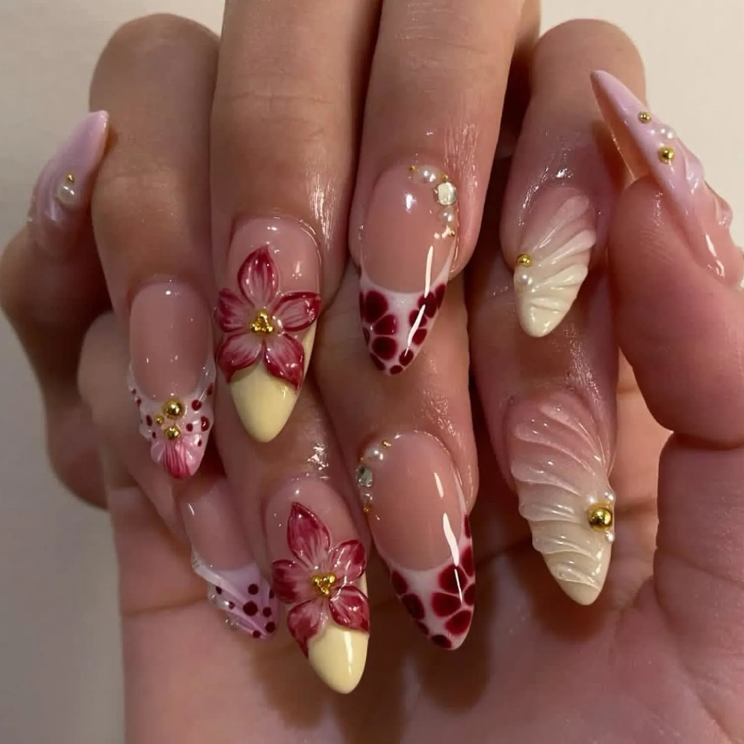 3D Flower Press on Nails Medium Almond,Pink Nude Gradient Fake Nails with Red Floral & Pearl Designs,Glossy Finish Reusable False Nails with Nail Glue Stickers & File 24Pcs Nail Kit for Women Manicure