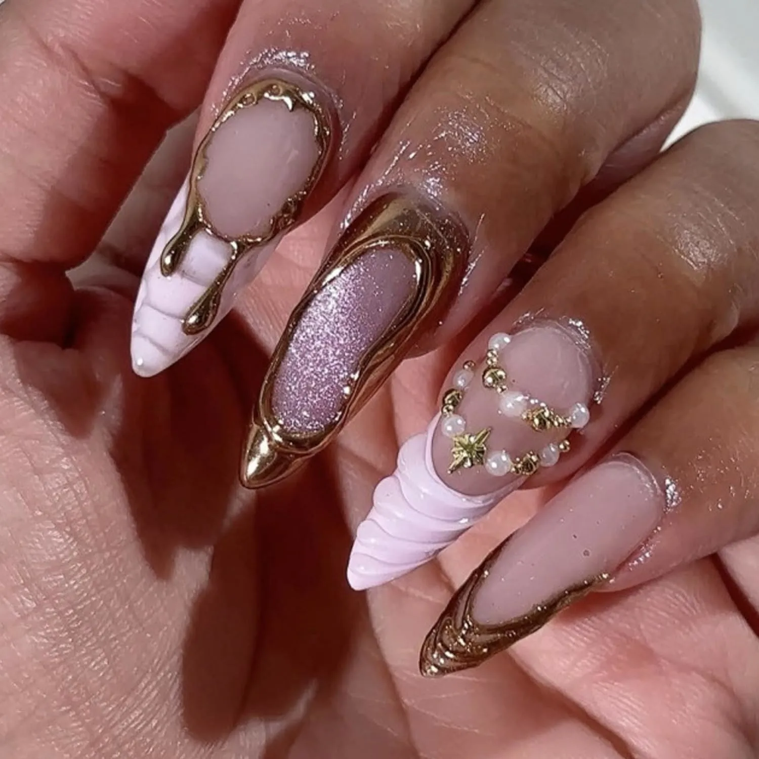 French Tip Press On Nails Stiletto - Pink Base Fake Nails with 3D Gold Bead Designs, Glossy Nude Acrylic Nails with Pearl Charms for Women, Luxury Glue On Nails 24Pcs Nail Kit