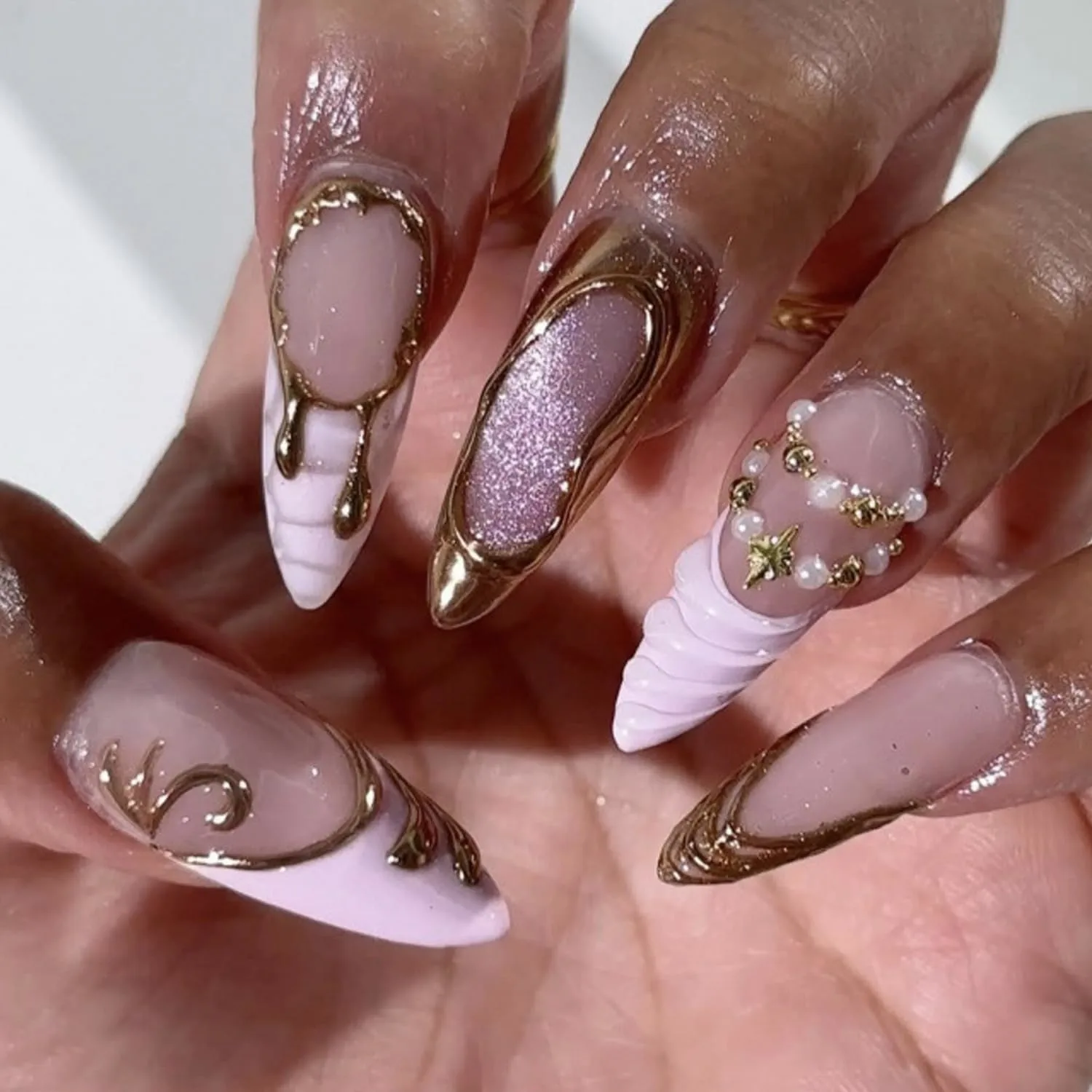 French Tip Press On Nails Stiletto - Pink Base Fake Nails with 3D Gold Bead Designs, Glossy Nude Acrylic Nails with Pearl Charms for Women, Luxury Glue On Nails 24Pcs Nail Kit