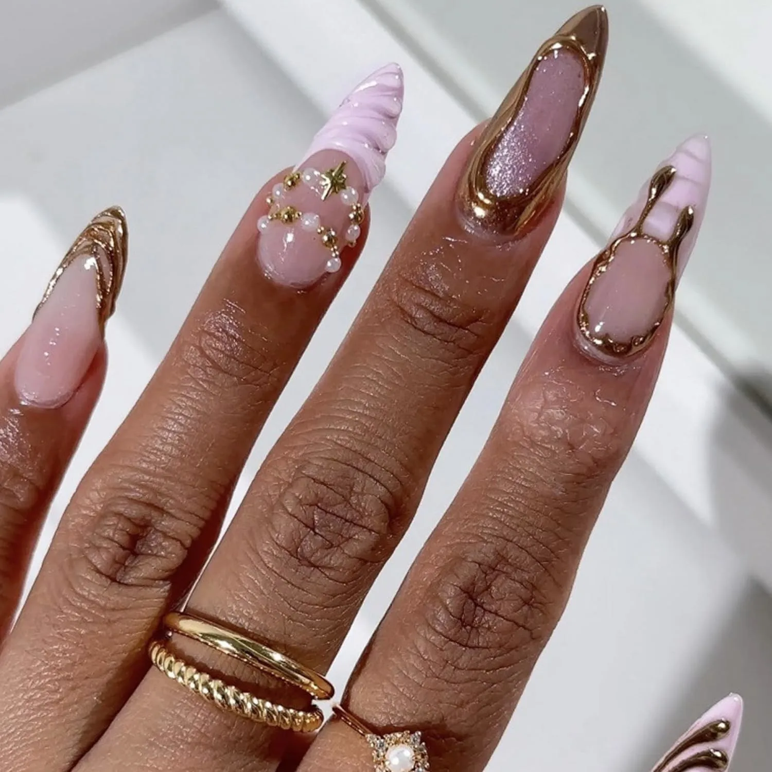 French Tip Press On Nails Stiletto - Pink Base Fake Nails with 3D Gold Bead Designs, Glossy Nude Acrylic Nails with Pearl Charms for Women, Luxury Glue On Nails 24Pcs Nail Kit