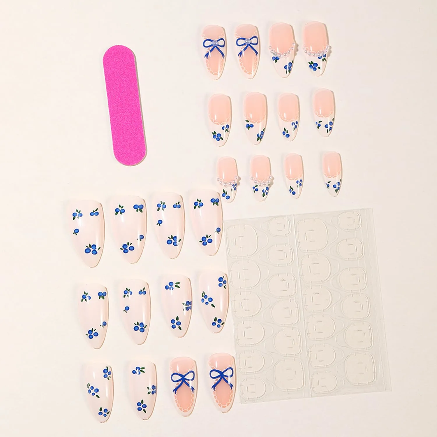 Almond Press On Nails - Medium French Tip with Blueberry & Blue Bow Designs, Nude Fake Nails with Pearl Lace Press On Stick on Nails, Glossy White & Nude Reusable False Nails with Glue Tabs 24Pcs