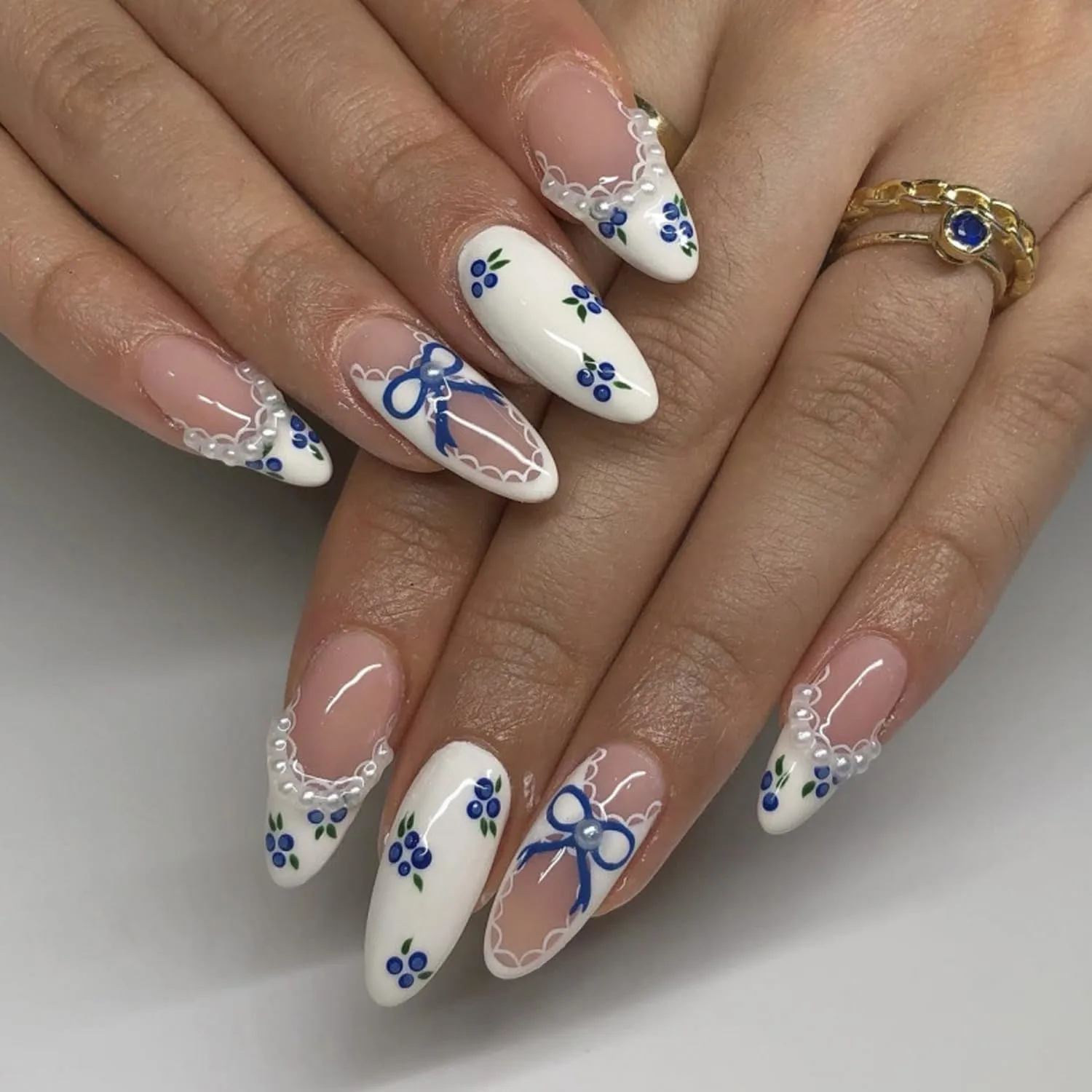 Almond Press On Nails - Medium French Tip with Blueberry & Blue Bow Designs, Nude Fake Nails with Pearl Lace Press On Stick on Nails, Glossy White & Nude Reusable False Nails with Glue Tabs 24Pcs