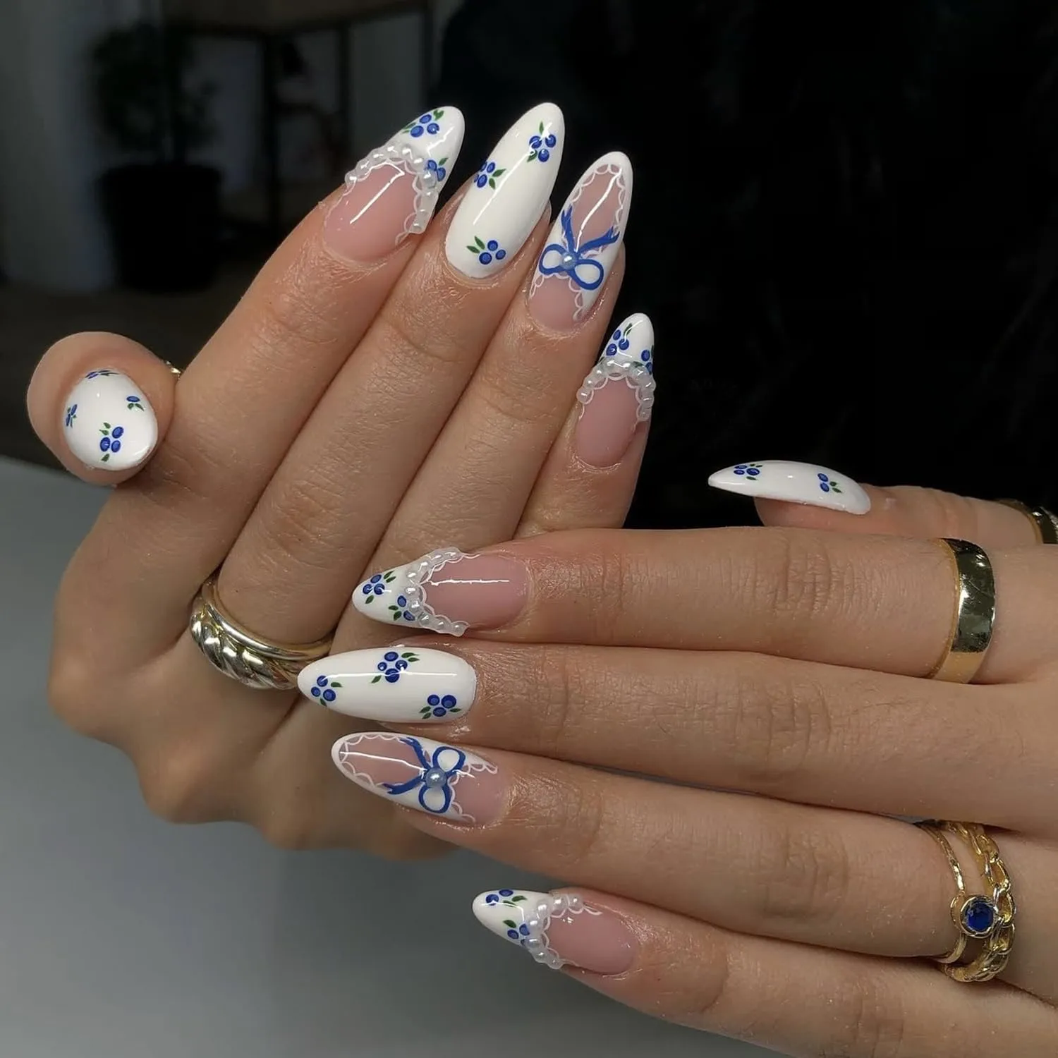 Almond Press On Nails - Medium French Tip with Blueberry & Blue Bow Designs, Nude Fake Nails with Pearl Lace Press On Stick on Nails, Glossy White & Nude Reusable False Nails with Glue Tabs 24Pcs