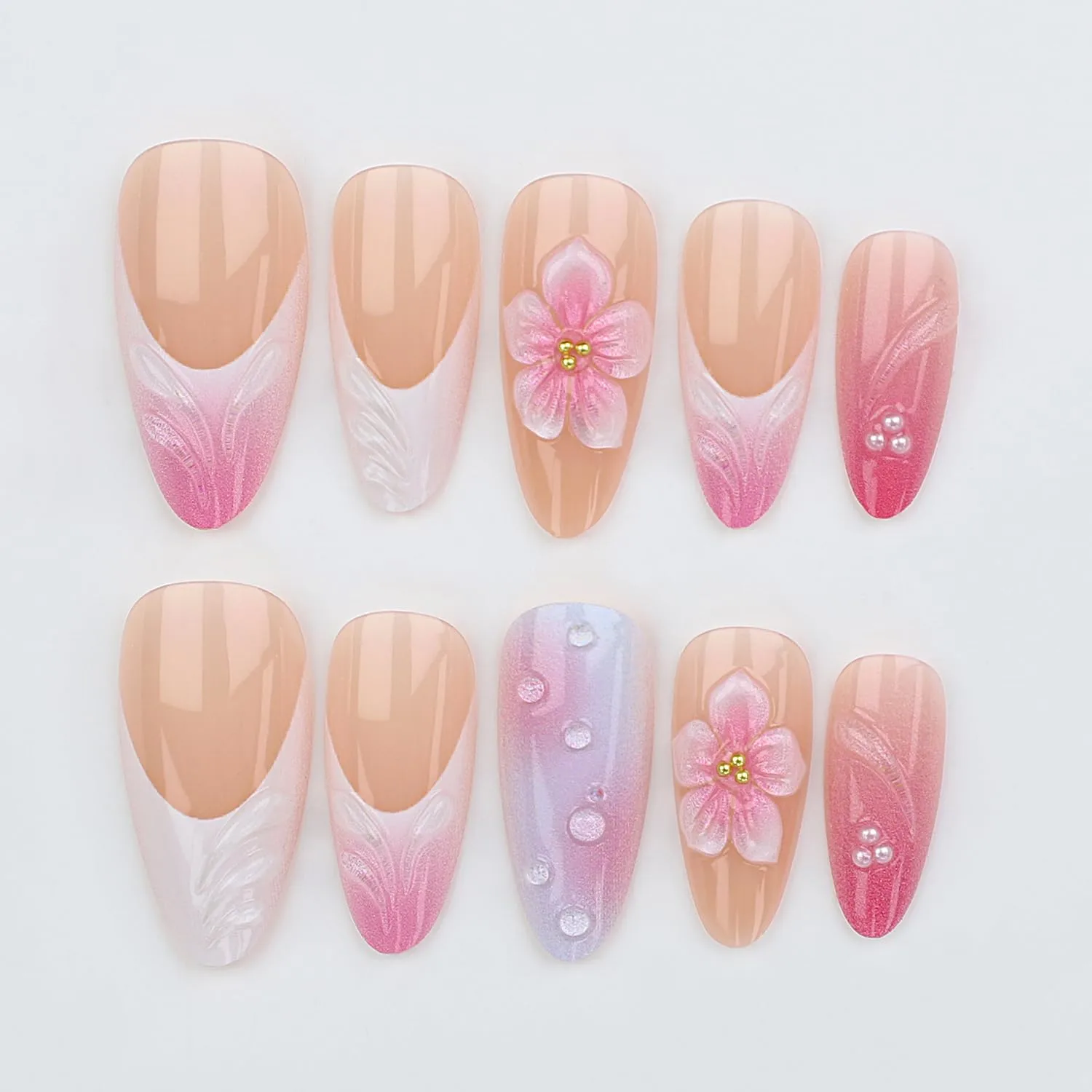 3D Pink Press On Nails Almond - Pink Nude Fake Nails with 3D Flower & Bubble Design, French Tip False Nails Cute Acrylic Nails with Gradient Glossy with Glue Tabs - for Women, 24Pcs Reusable