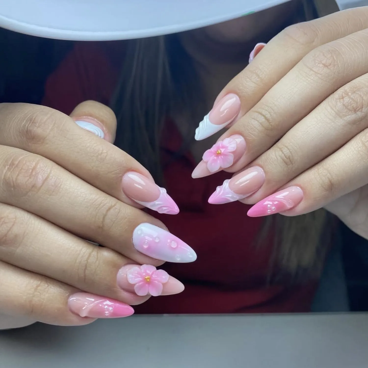 3D Pink Press On Nails Almond - Pink Nude Fake Nails with 3D Flower & Bubble Design, French Tip False Nails Cute Acrylic Nails with Gradient Glossy with Glue Tabs - for Women, 24Pcs Reusable