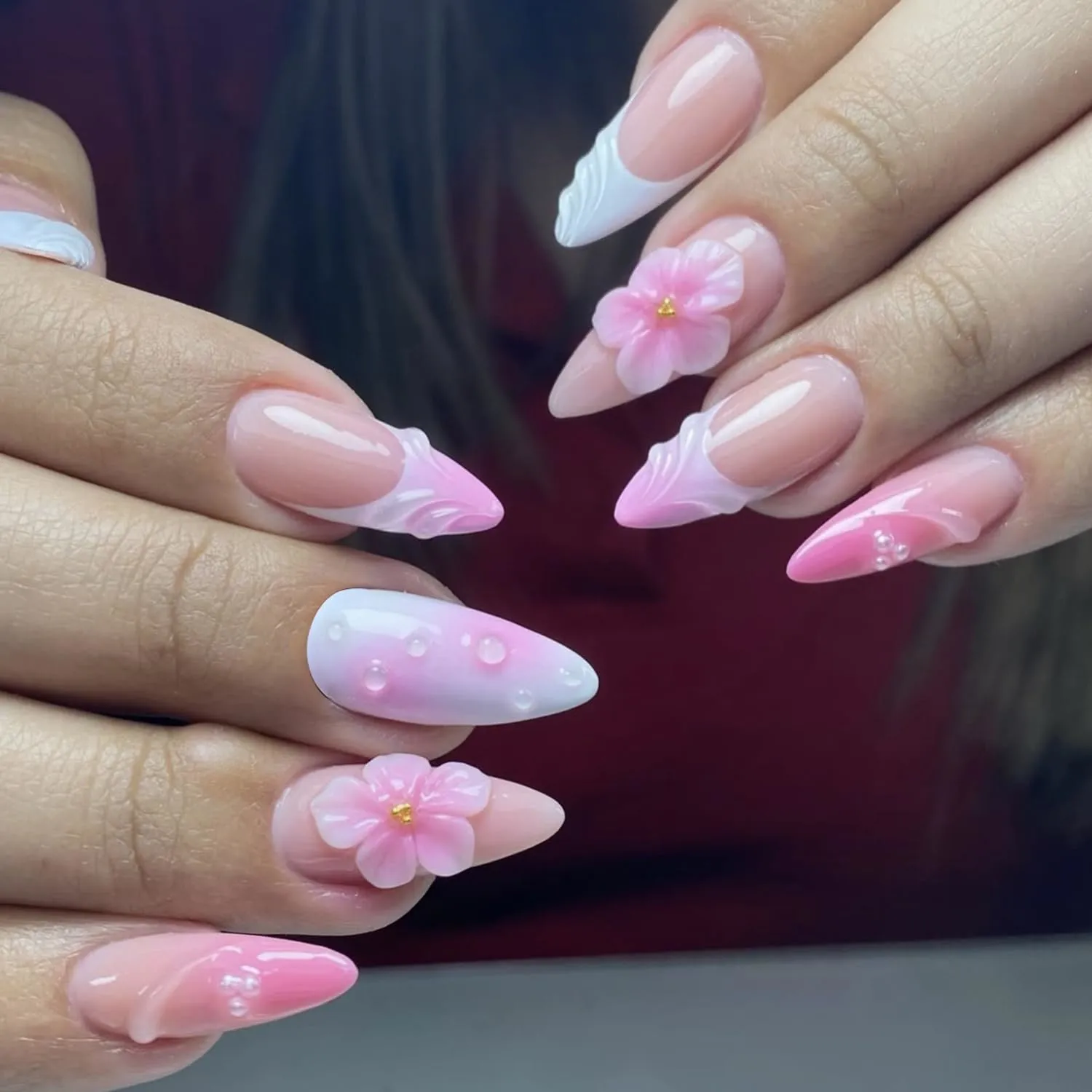 3D Pink Press On Nails Almond - Pink Nude Fake Nails with 3D Flower & Bubble Design, French Tip False Nails Cute Acrylic Nails with Gradient Glossy with Glue Tabs - for Women, 24Pcs Reusable