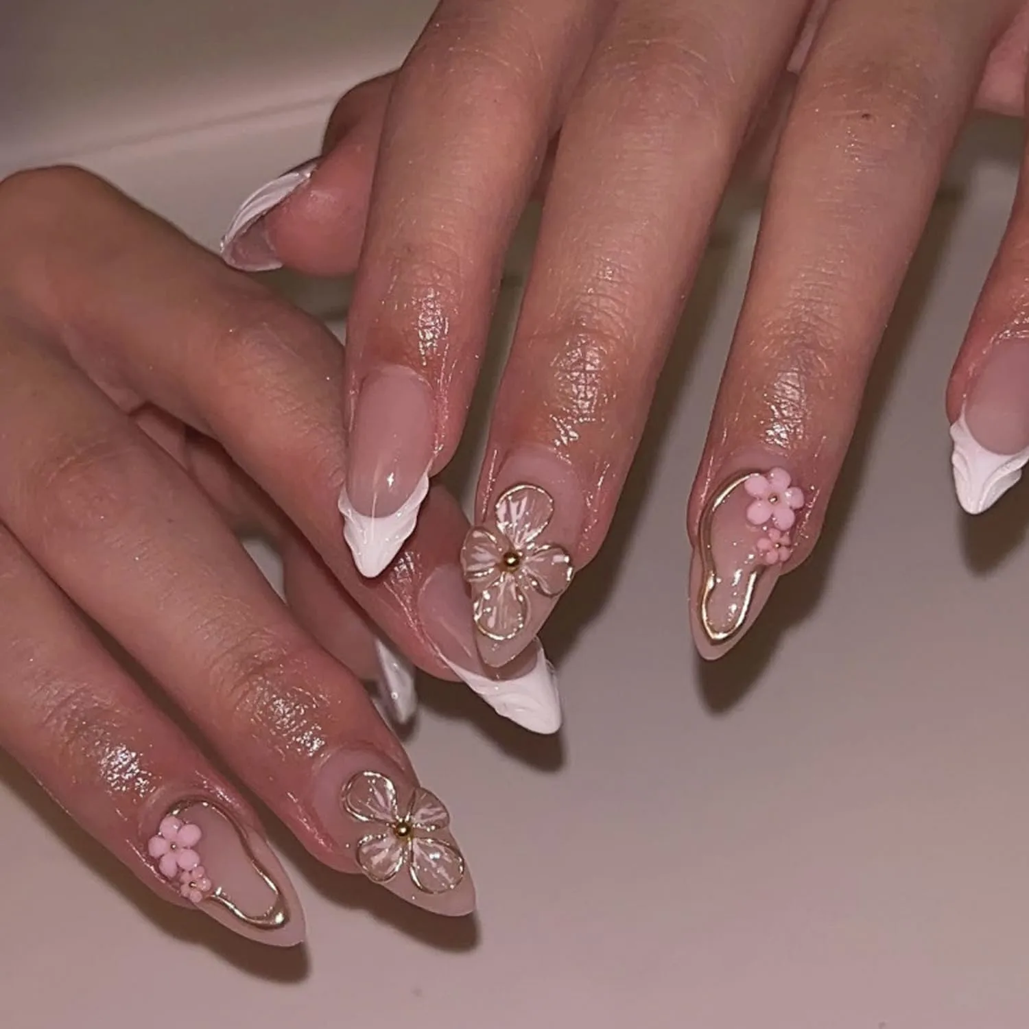 White French Tip Press On Nails Almond - Nude Pink Fake Nails with 3D Flower & Gold Line Design, Glossy Acrylic Nails Reusable False Nails with Glue Tabs, 24Pcs Nail Kit for Women Manicure