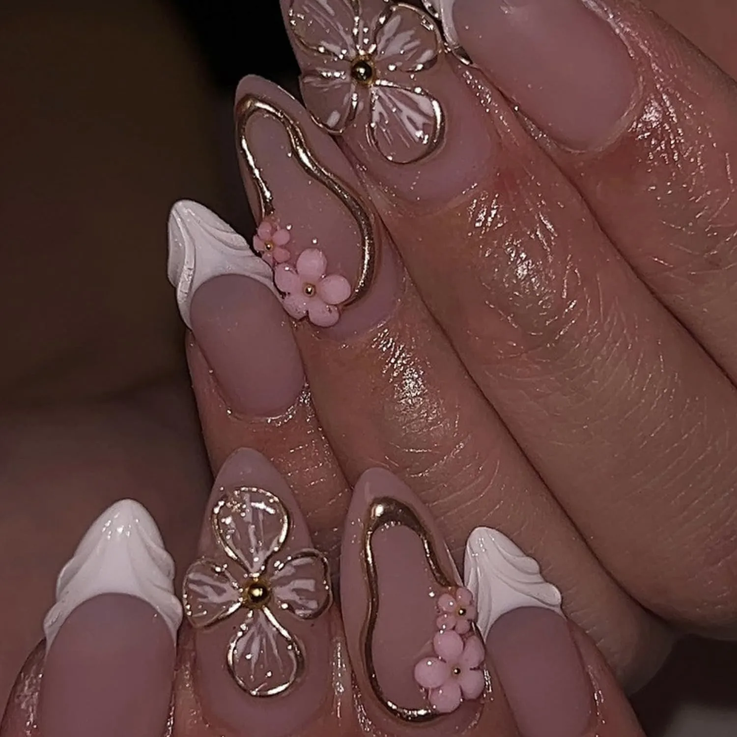 White French Tip Press On Nails Almond - Nude Pink Fake Nails with 3D Flower & Gold Line Design, Glossy Acrylic Nails Reusable False Nails with Glue Tabs, 24Pcs Nail Kit for Women Manicure