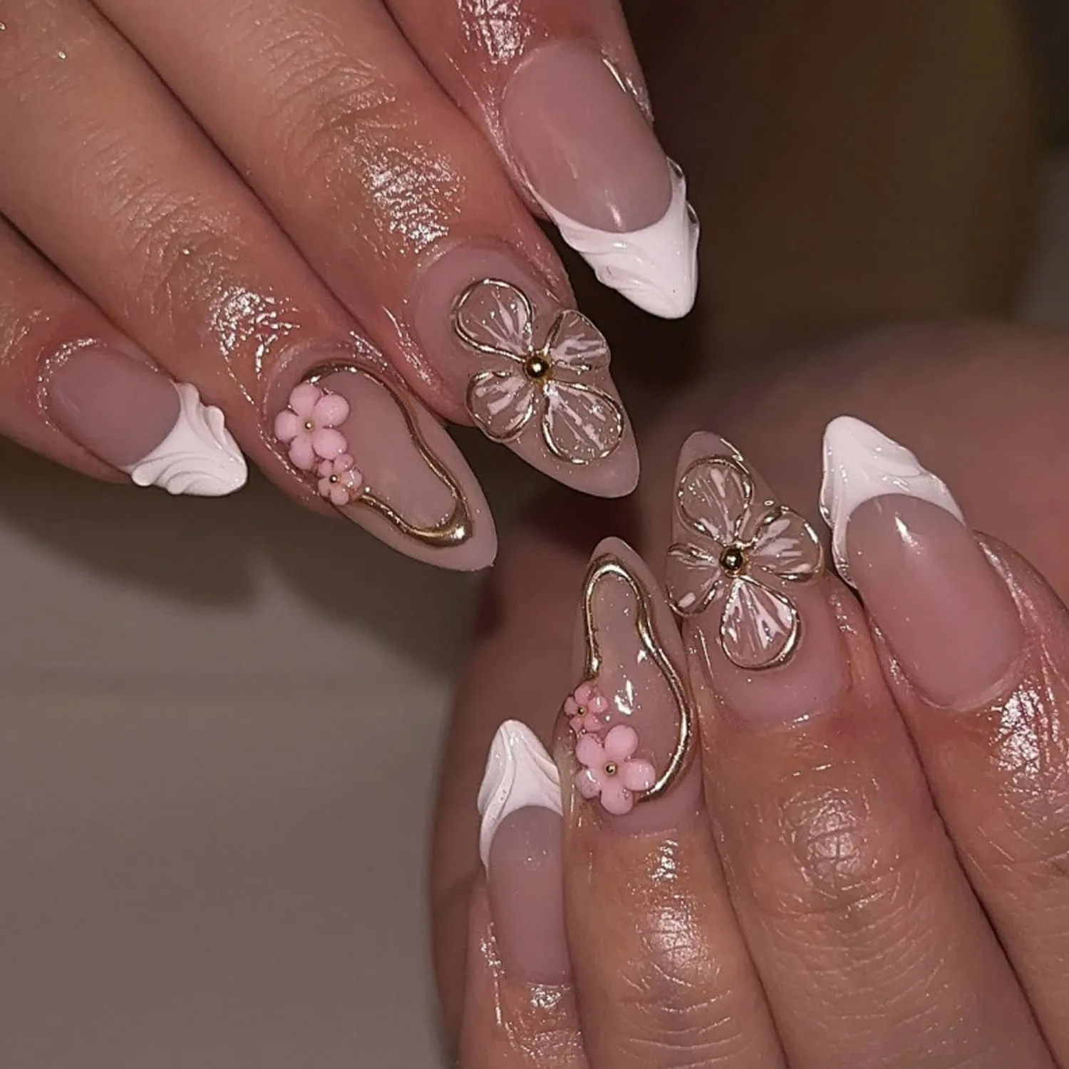 White French Tip Press On Nails Almond - Nude Pink Fake Nails with 3D Flower & Gold Line Design, Glossy Acrylic Nails Reusable False Nails with Glue Tabs, 24Pcs Nail Kit for Women Manicure