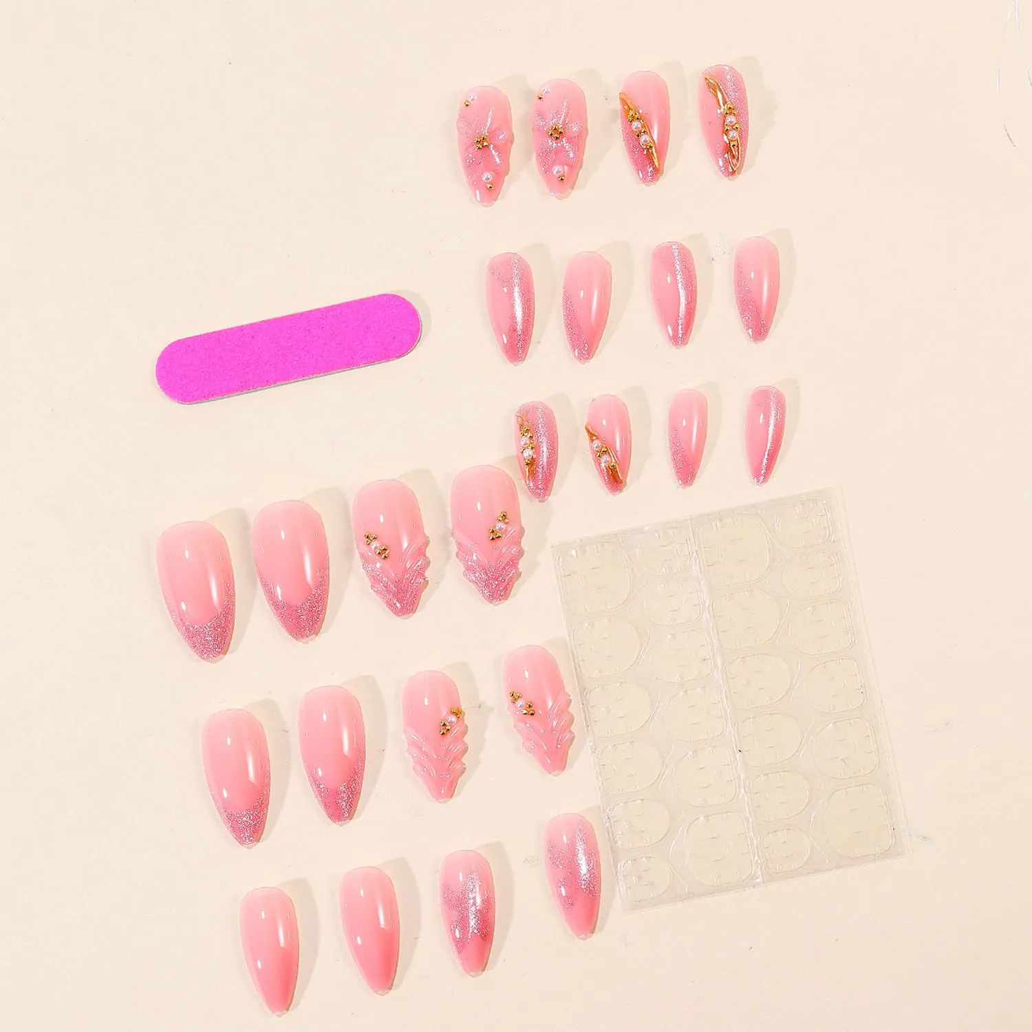 3D Pink Press on Nails Almond - Medium Nude Pink Fake Nails with Rhinestone Pearl &Gold Bead Designs, Glossy Finish Reusable False Nails with Glue Tabs - 24Pcs Nail Kit for Women French Manicure