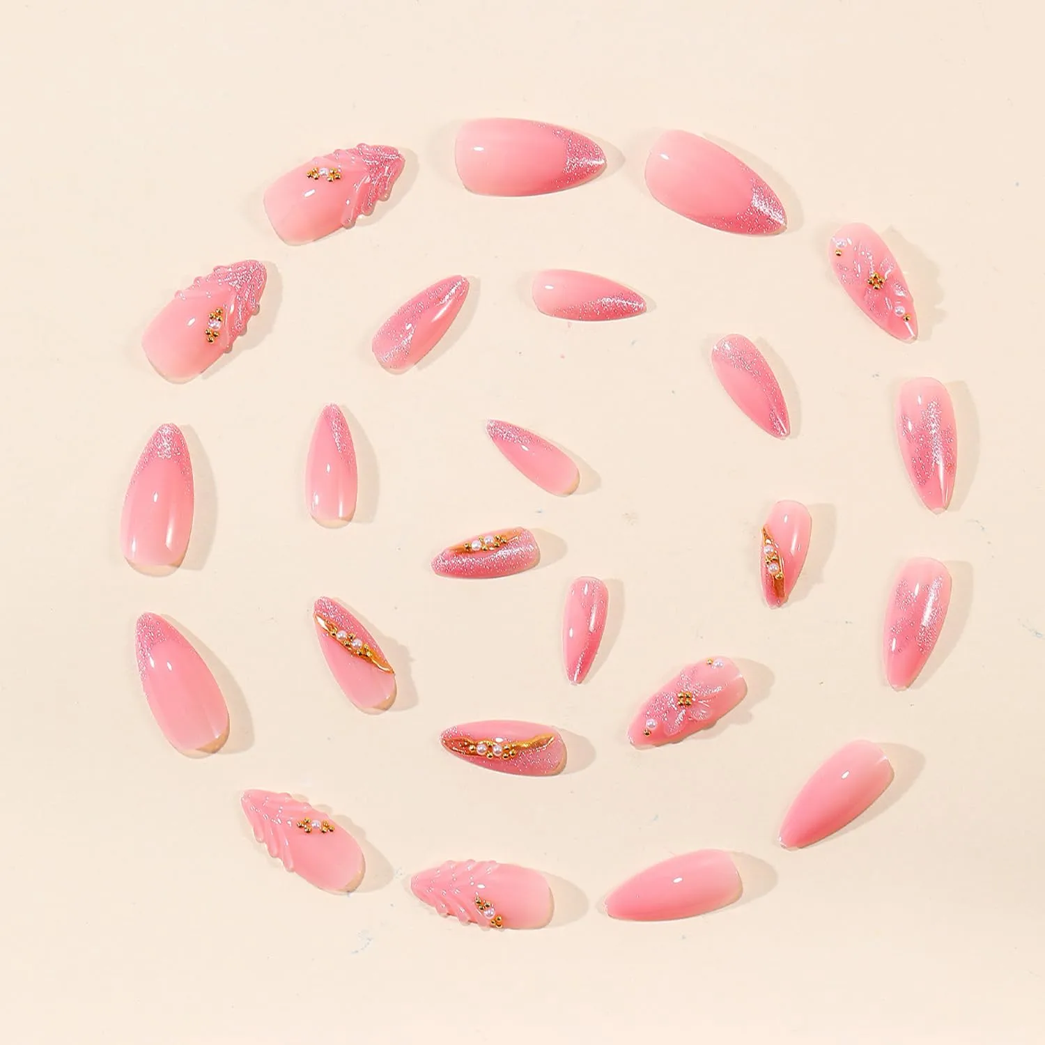 3D Pink Press on Nails Almond - Medium Nude Pink Fake Nails with Rhinestone Pearl &Gold Bead Designs, Glossy Finish Reusable False Nails with Glue Tabs - 24Pcs Nail Kit for Women French Manicure