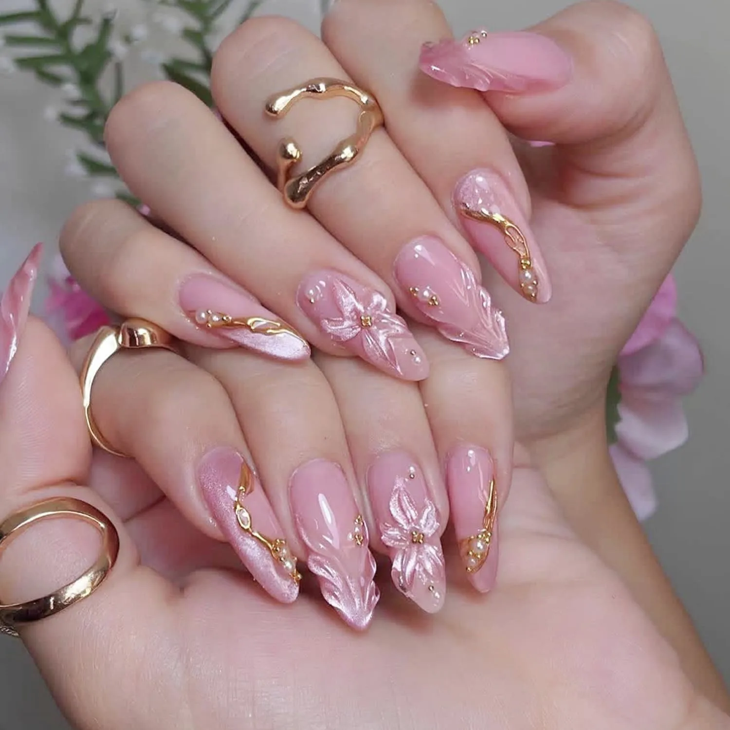 3D Pink Press on Nails Almond - Medium Nude Pink Fake Nails with Rhinestone Pearl &Gold Bead Designs, Glossy Finish Reusable False Nails with Glue Tabs - 24Pcs Nail Kit for Women French Manicure
