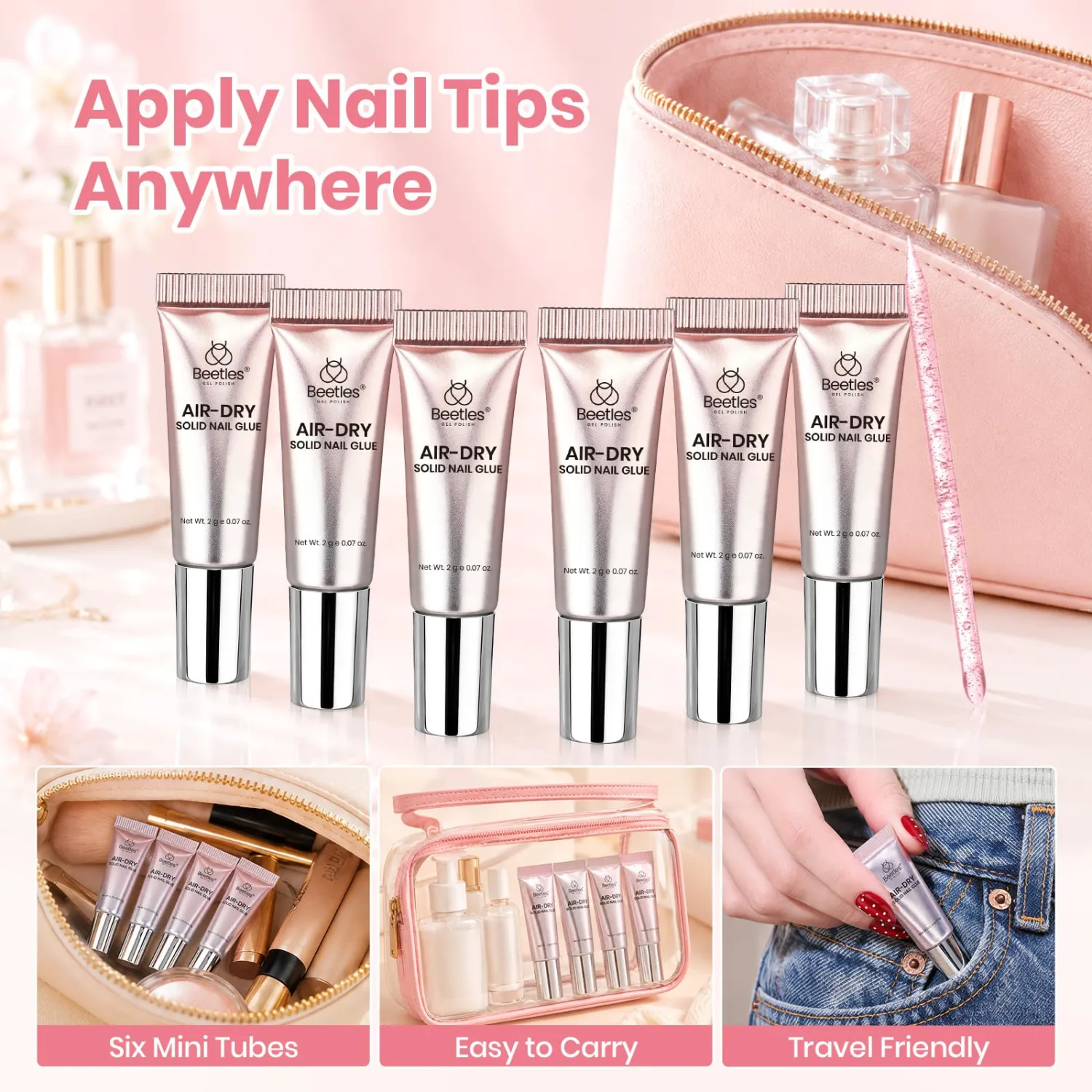Beetles Semi Solid Nail Glue for Press On Nails, 6x2g No UV Air Dry Glue