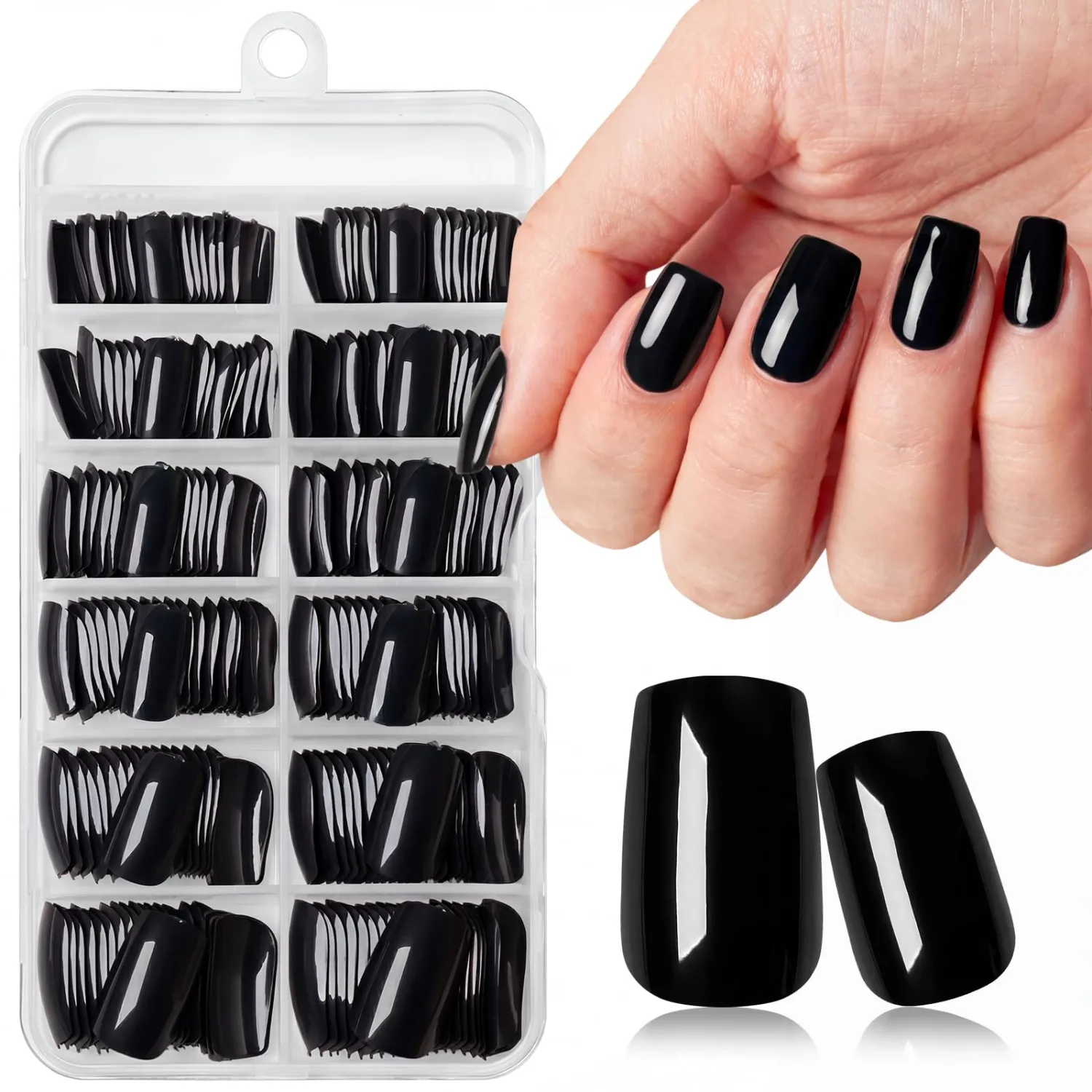240pc Black Press on Nails Medium Square Fake Nail with Glue & Adhesive Tabs, Black Glue on Nails Medium Press ons Nail Square Acrylic Nail Press-on False Nail Artificial Fingernail for Women