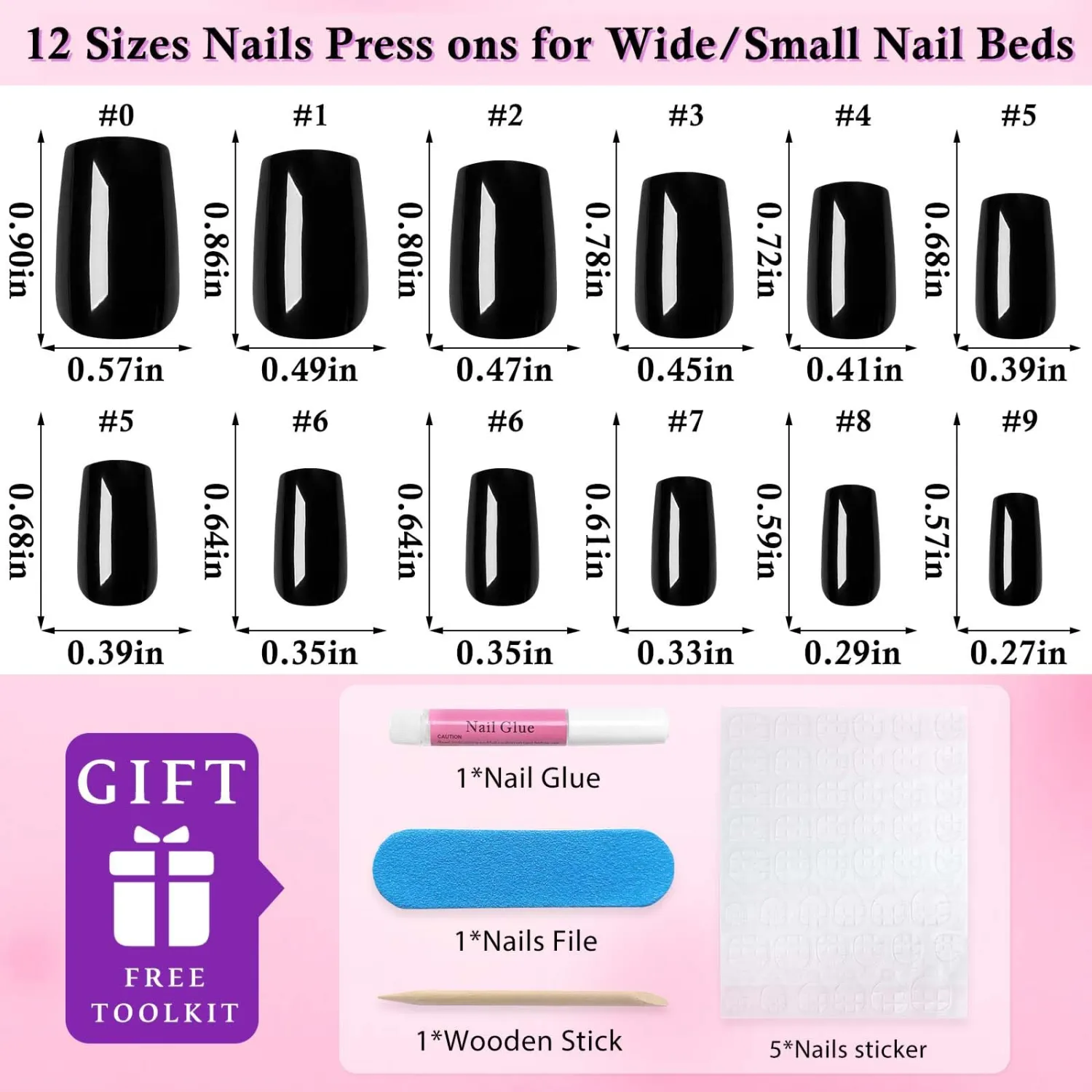 240pc Black Press on Nails Medium Square Fake Nail with Glue & Adhesive Tabs, Black Glue on Nails Medium Press ons Nail Square Acrylic Nail Press-on False Nail Artificial Fingernail for Women