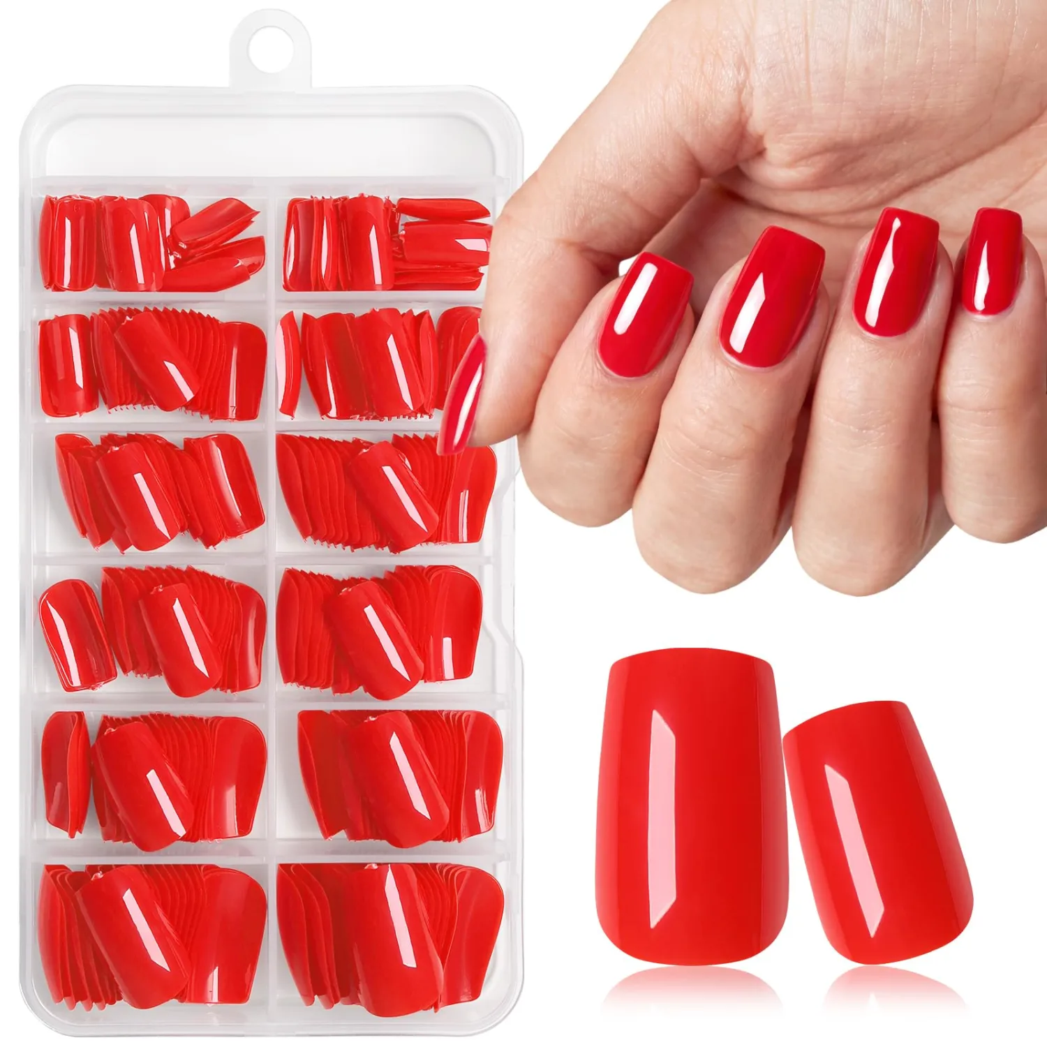 240pc Bright Red Press on Nails Medium Square Fake Nail with Glue & Adhesive Tabs,Red Glue on Nails Medium Press ons Nail Square Acrylic Nail Press-on False Nail Artificial Fingernail for Women