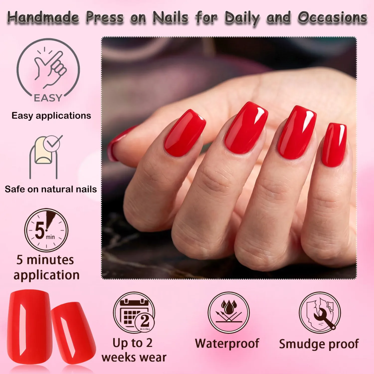 240pc Bright Red Press on Nails Medium Square Fake Nail with Glue & Adhesive Tabs,Red Glue on Nails Medium Press ons Nail Square Acrylic Nail Press-on False Nail Artificial Fingernail for Women